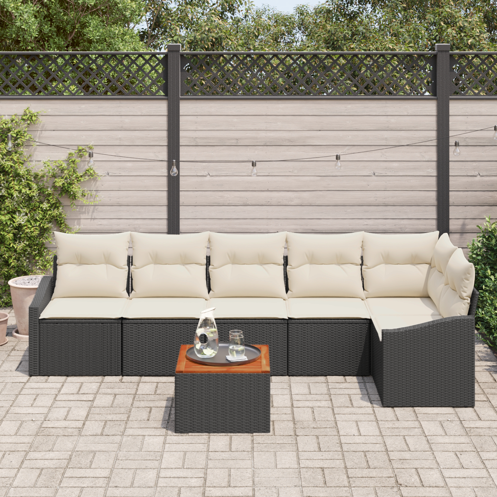 vidaXL 7-delige Tuinbankenset met kussens poly rattan acaciahout zwart