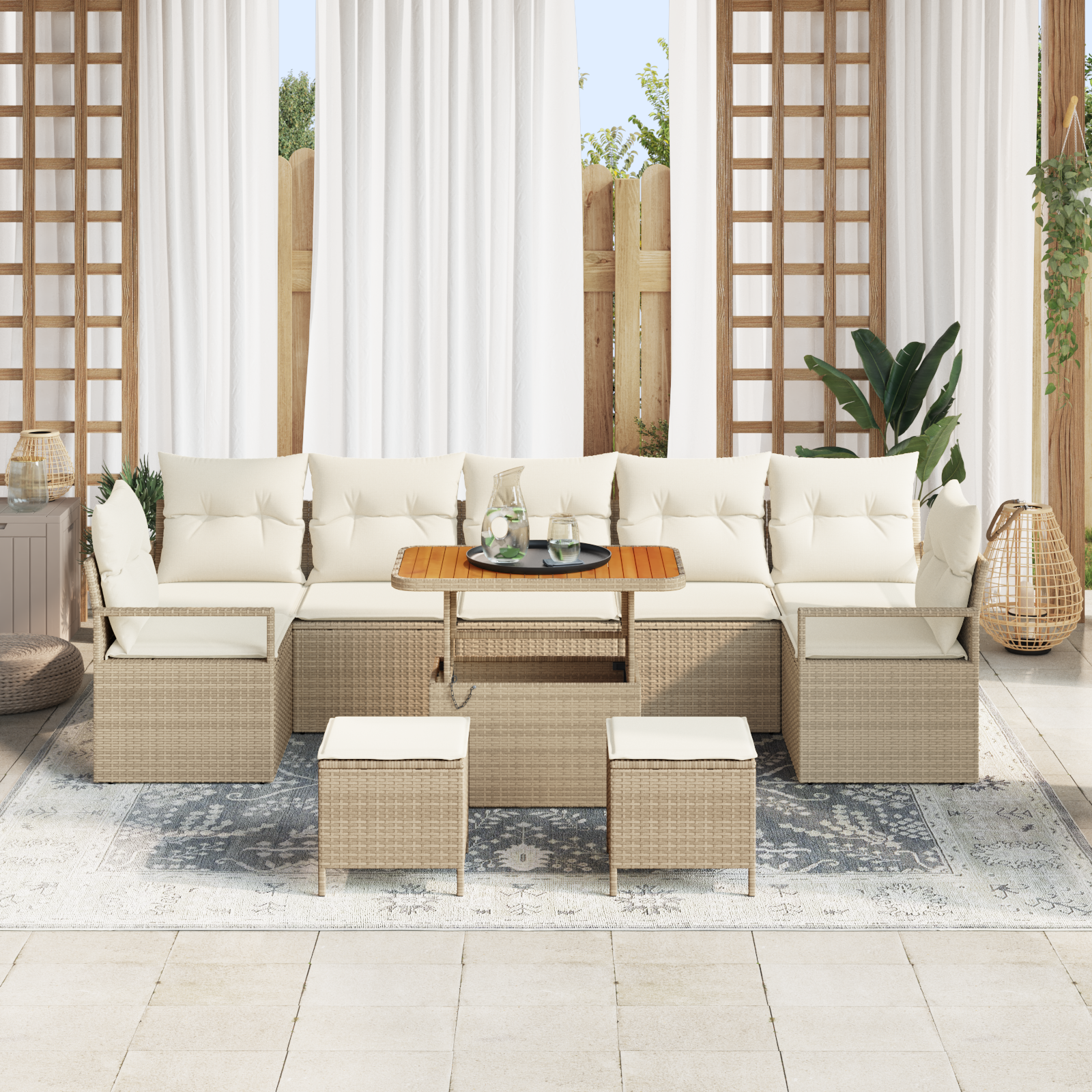 vidaXL 10-delige Tuinbankenset met kussens poly rattan acacia beige