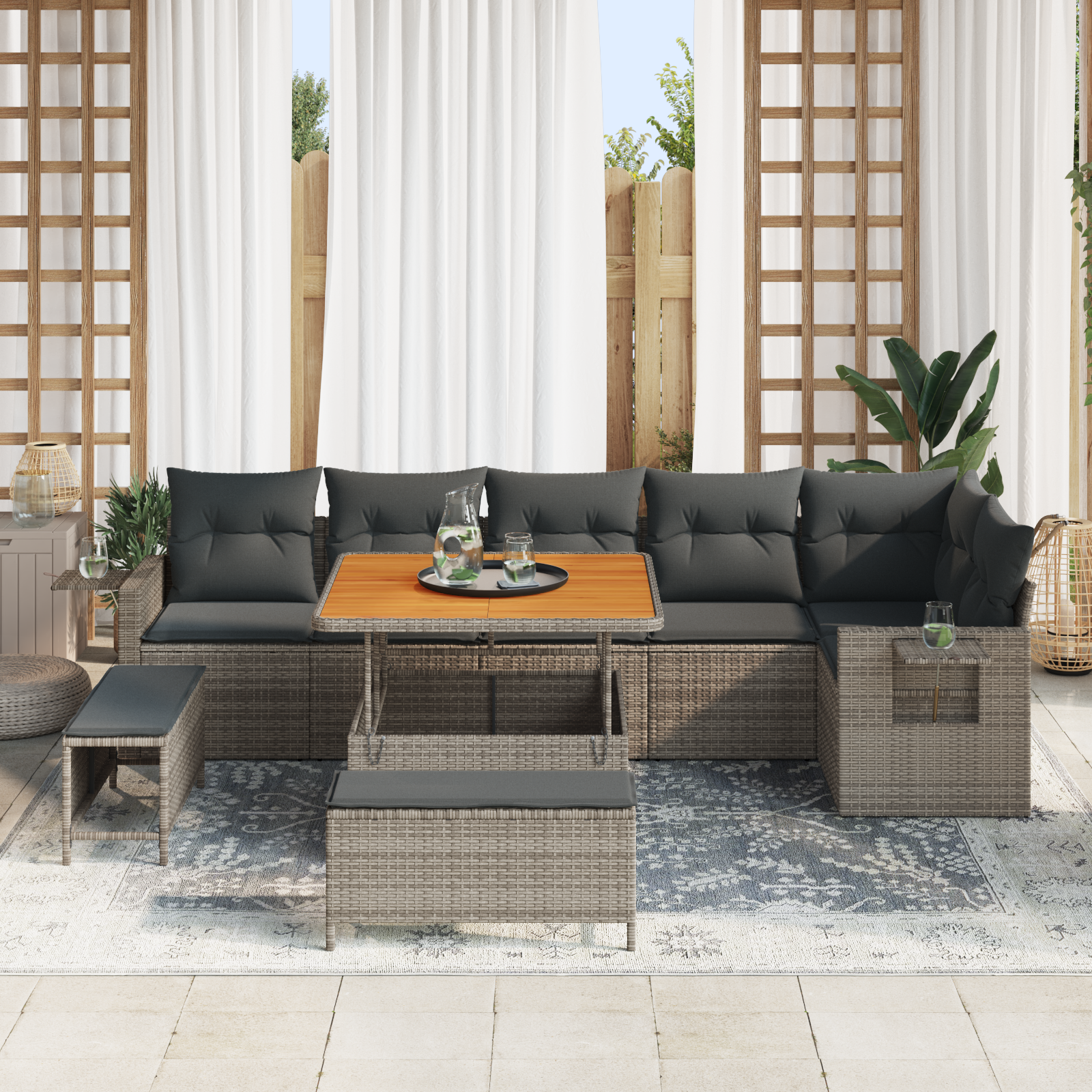 vidaXL 9-delige Tuinbankenset met kussens poly rattan acacia grijs