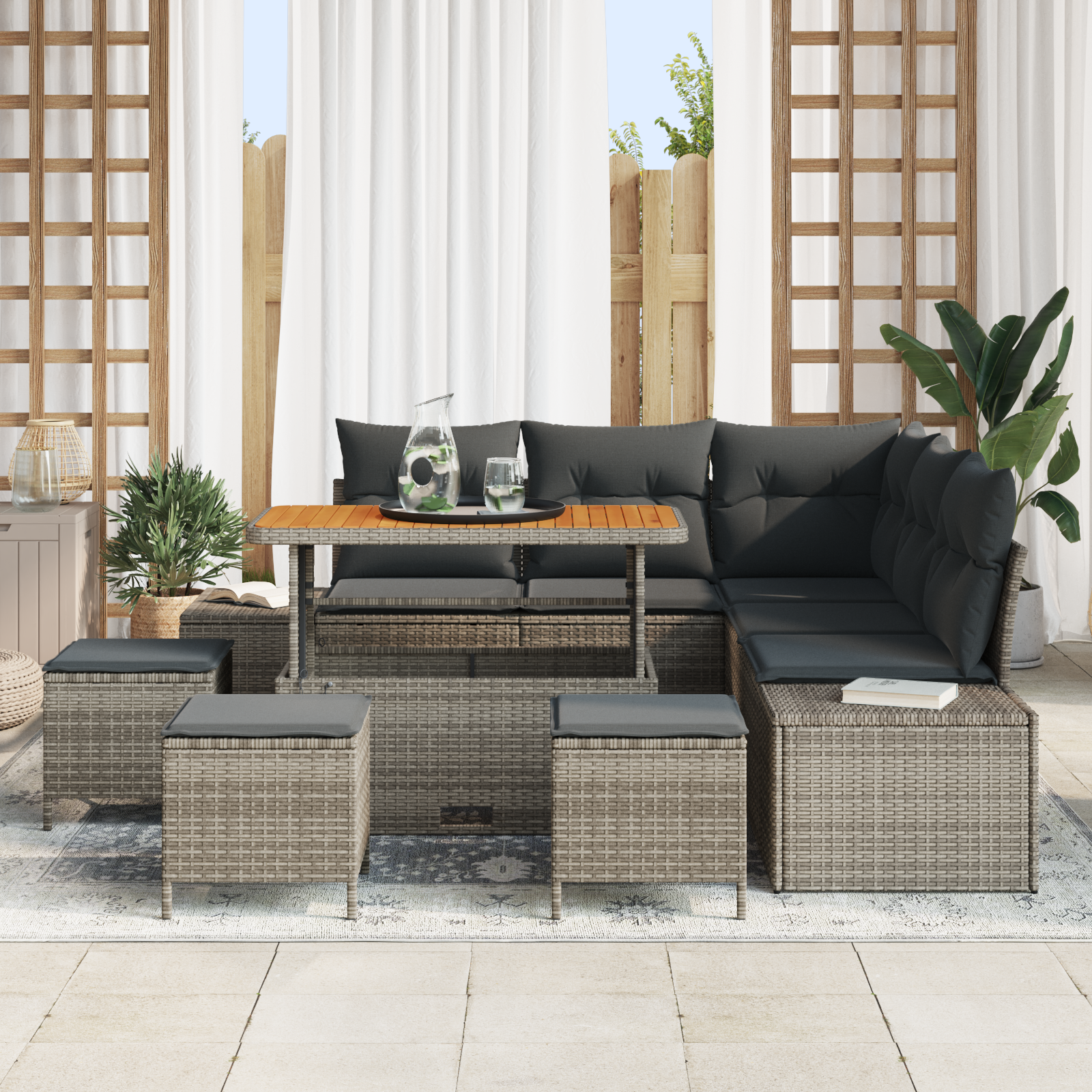 vidaXL 9-delige tuinbankset met kussens Grijs Poly Rattan Acacia