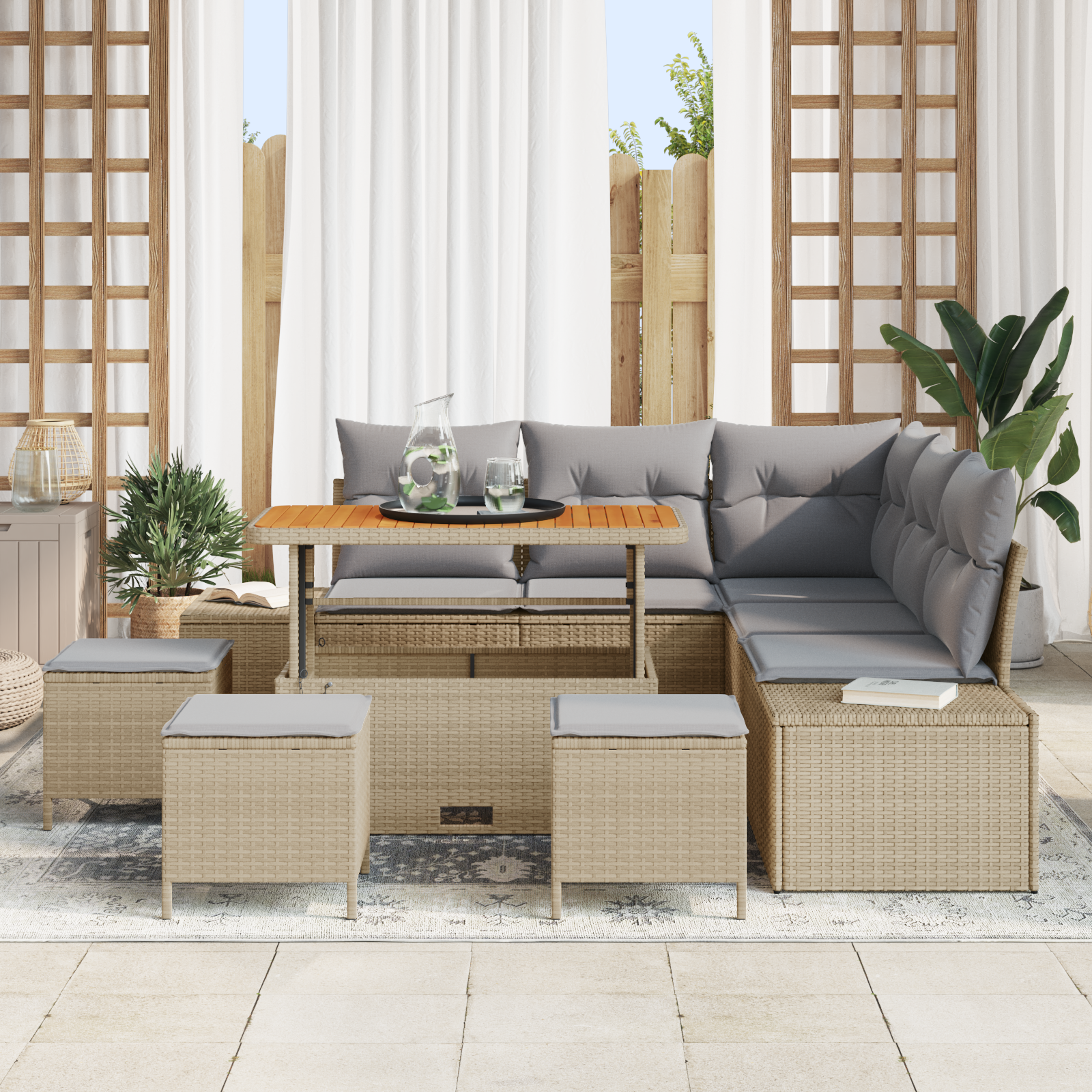 vidaXL 9-delige Tuin Sofa Set met Kussens Beige Poly Riet Acacia