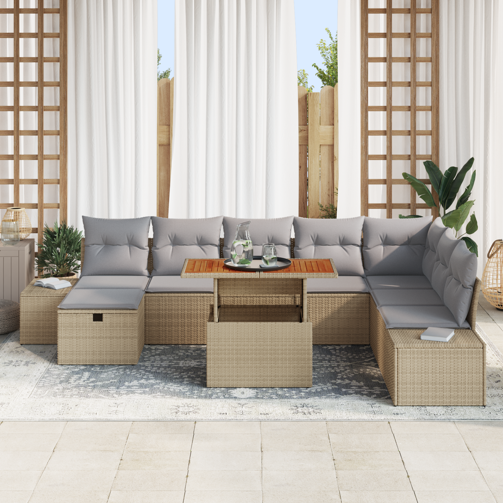 vidaXL 9-delige Tuinset met kussens poly rattan en acaciahout beige