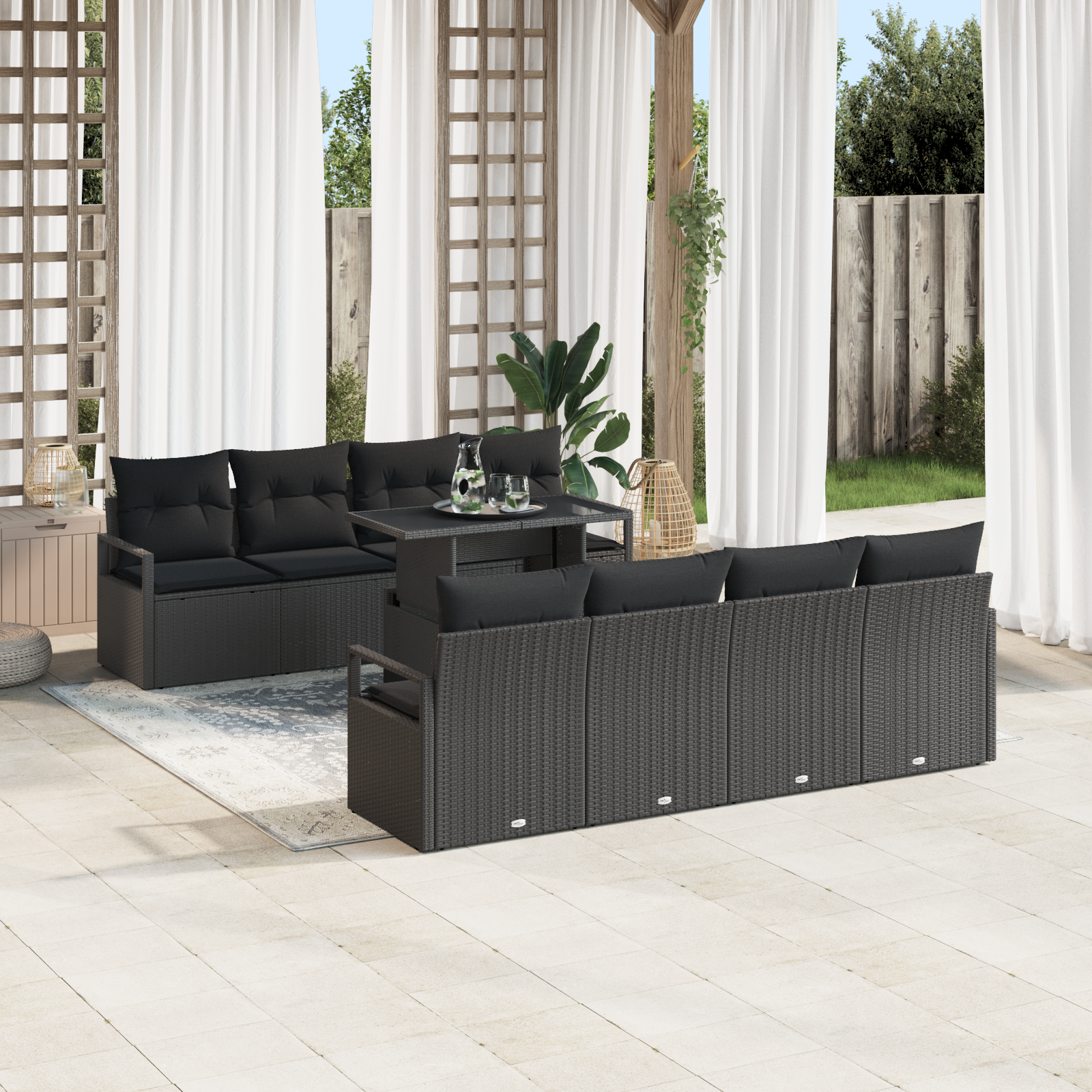 vidaXL 9-delige Tuinbank Set met Kussens Zwart Poly Rattan