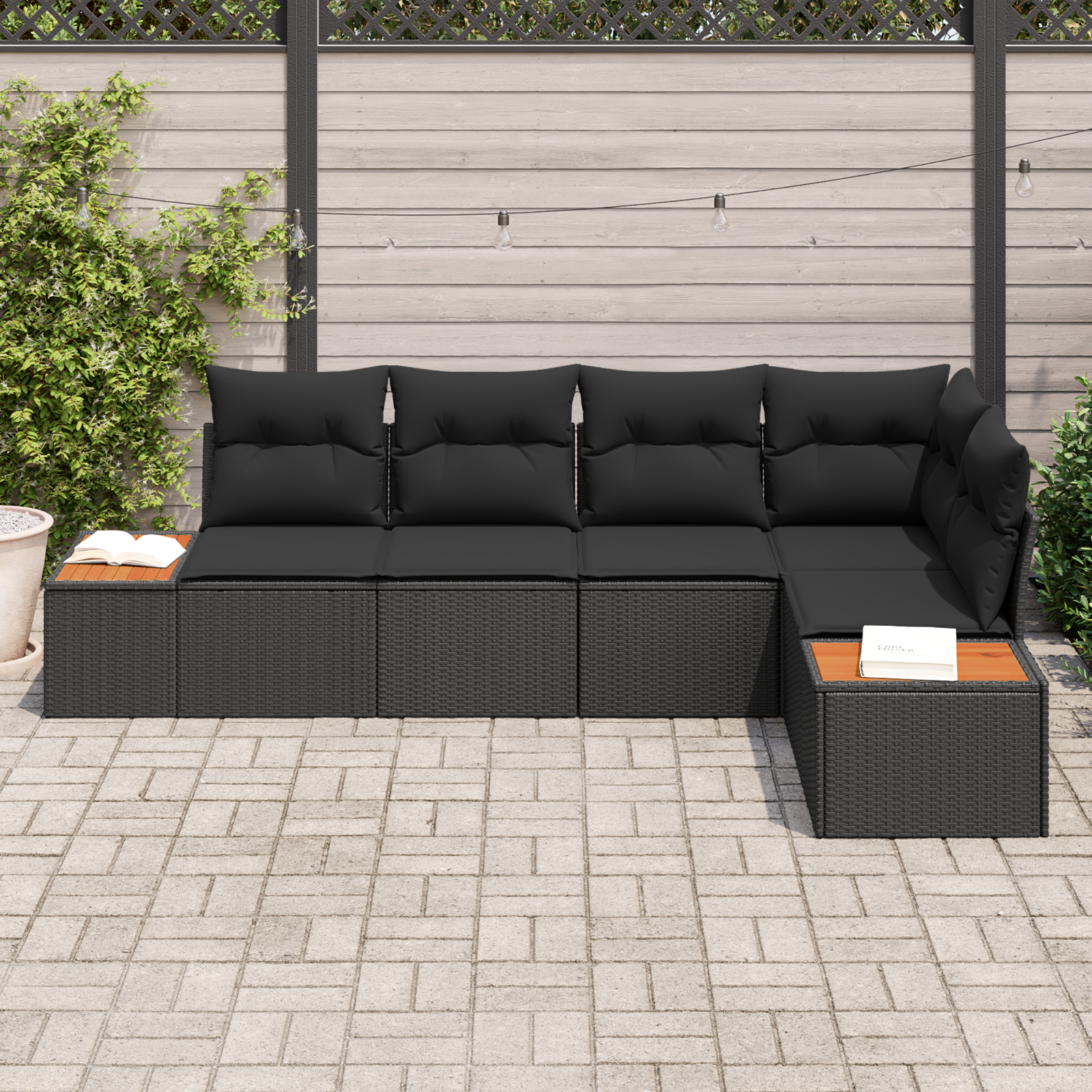 vidaXL 5-delige Tuinbankenset met kussens poly rattan acacia zwart