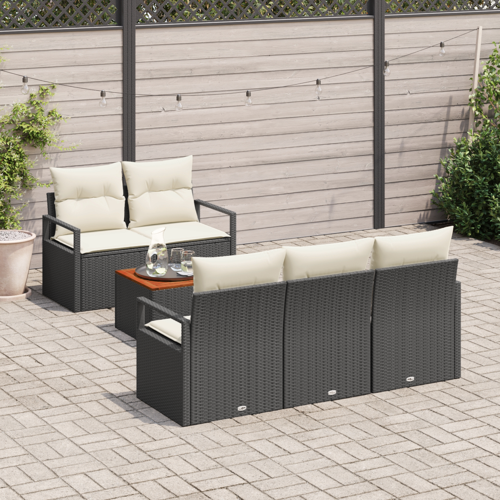 vidaXL 6-delige Tuinbank Set met Kussens Zwart Poly Rattan Acacia