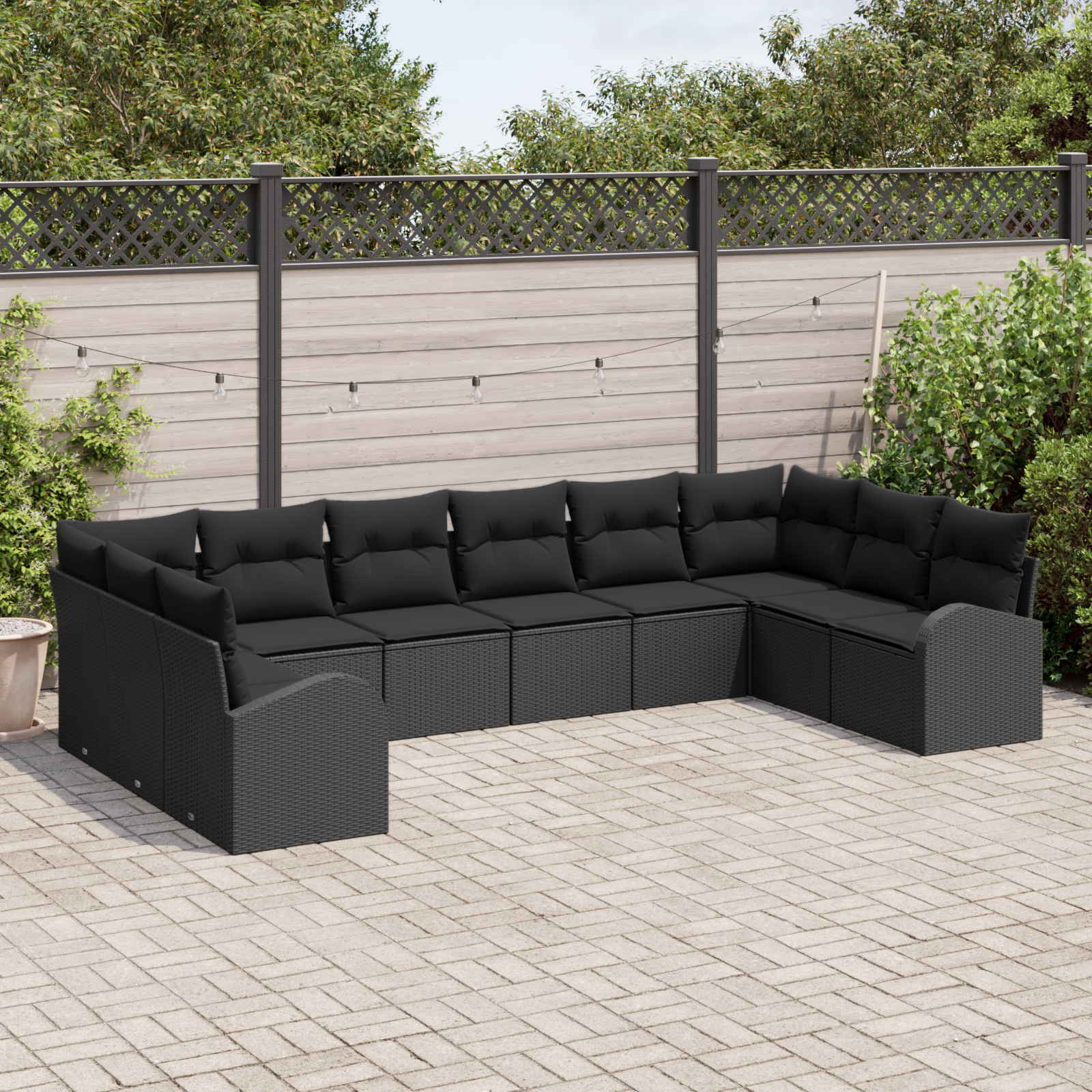 vidaXL 10-delige tuinbankset met kussens in zwart poly riet