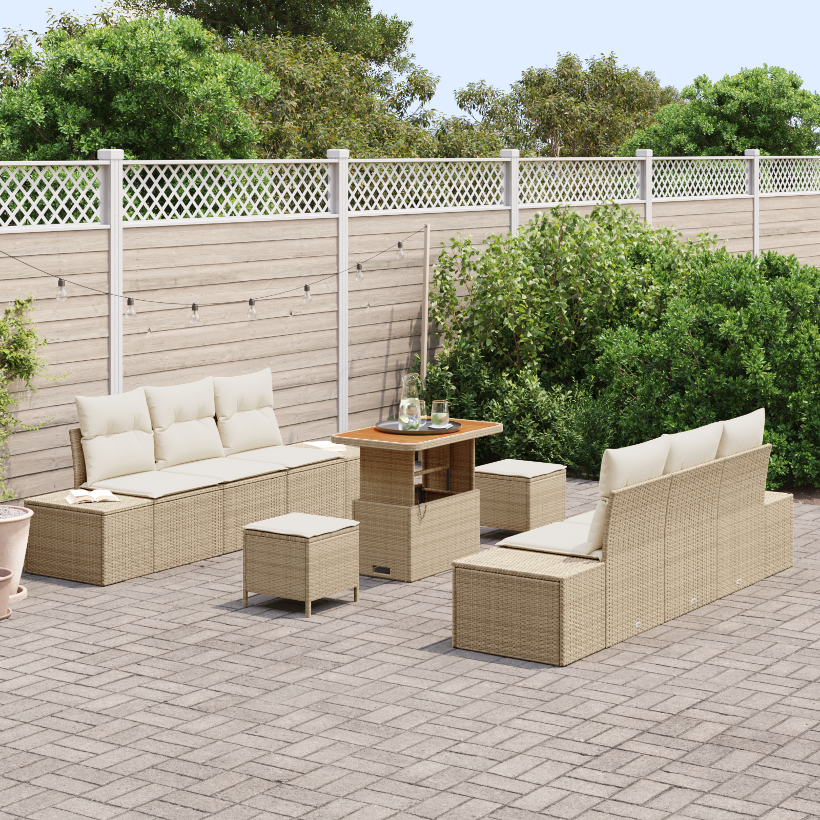 vidaXL 9-delige Tuinbankenset met kussens poly rattan acacia beige