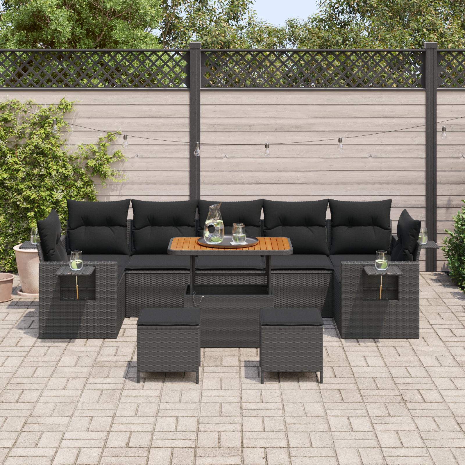 vidaXL 10-delige tuinbankset met kussens - zwart poly rattan, acacia