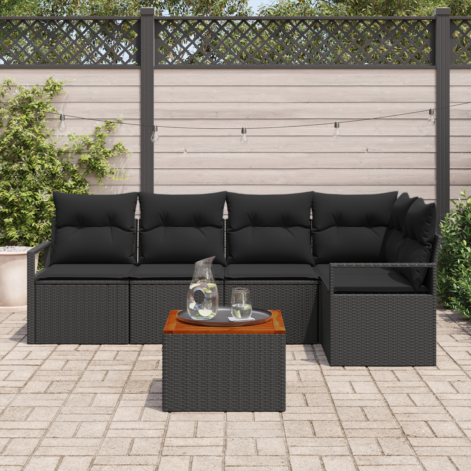 vidaXL 6-delige tuinset met kussens in zwart poly rattan en acacia