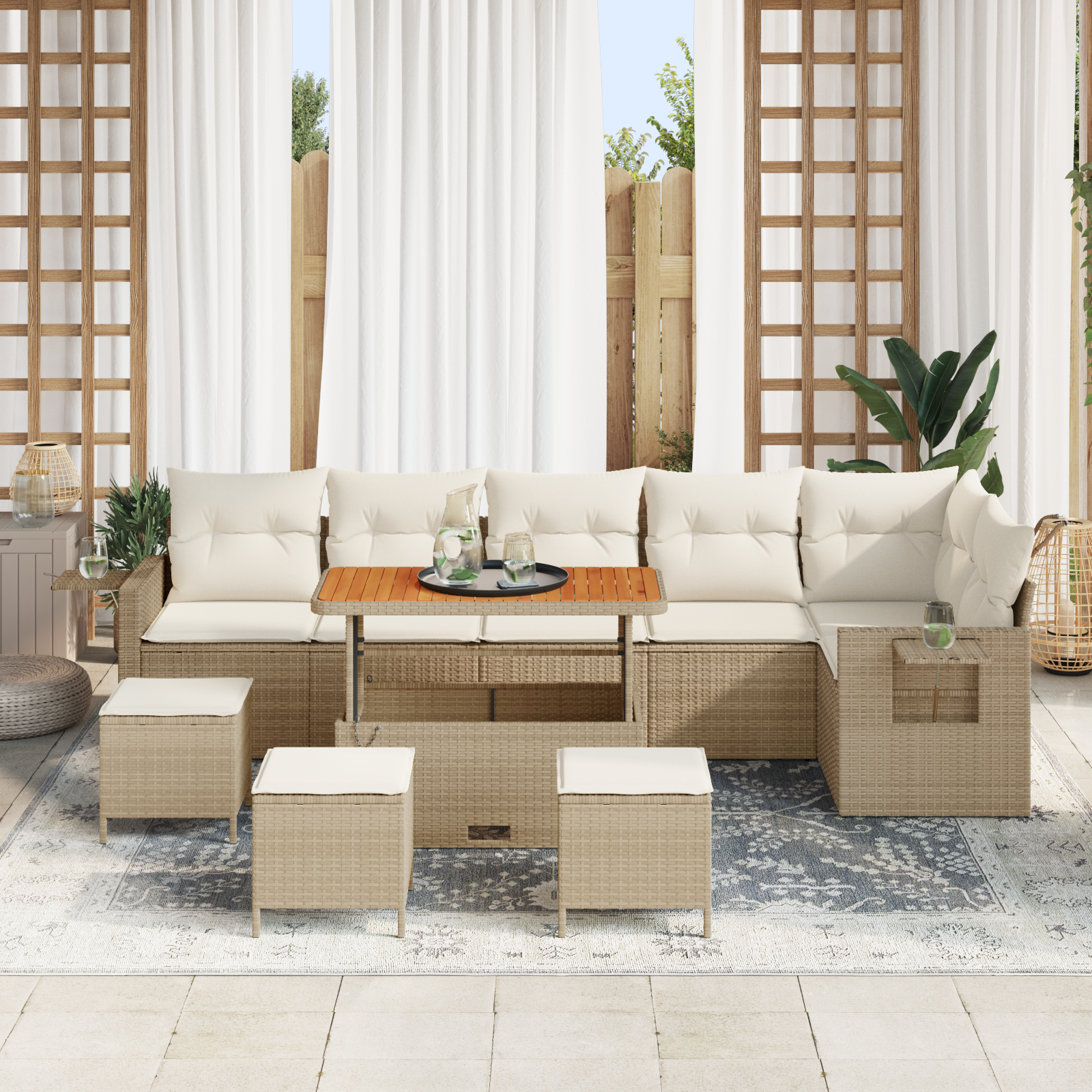 vidaXL 10-delige Tuinbankenset met kussens poly rattan acacia beige