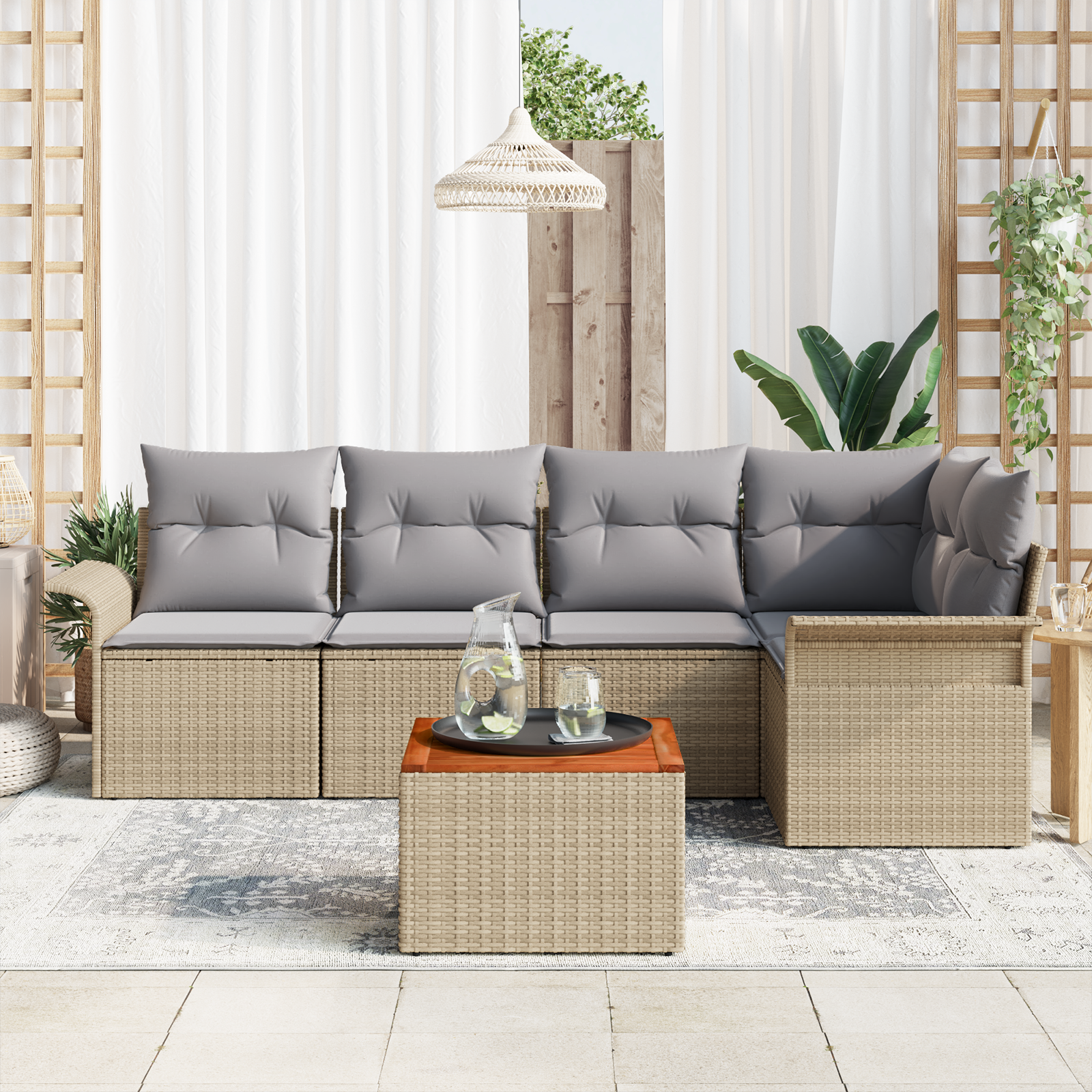 vidaXL 6-delige Tuinbankenset met kussens poly rattan acaciahout beige