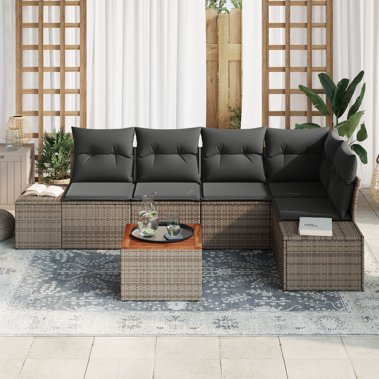 vidaXL 6-delige Tuinbankenset met kussens poly rattan acaciahout grijs