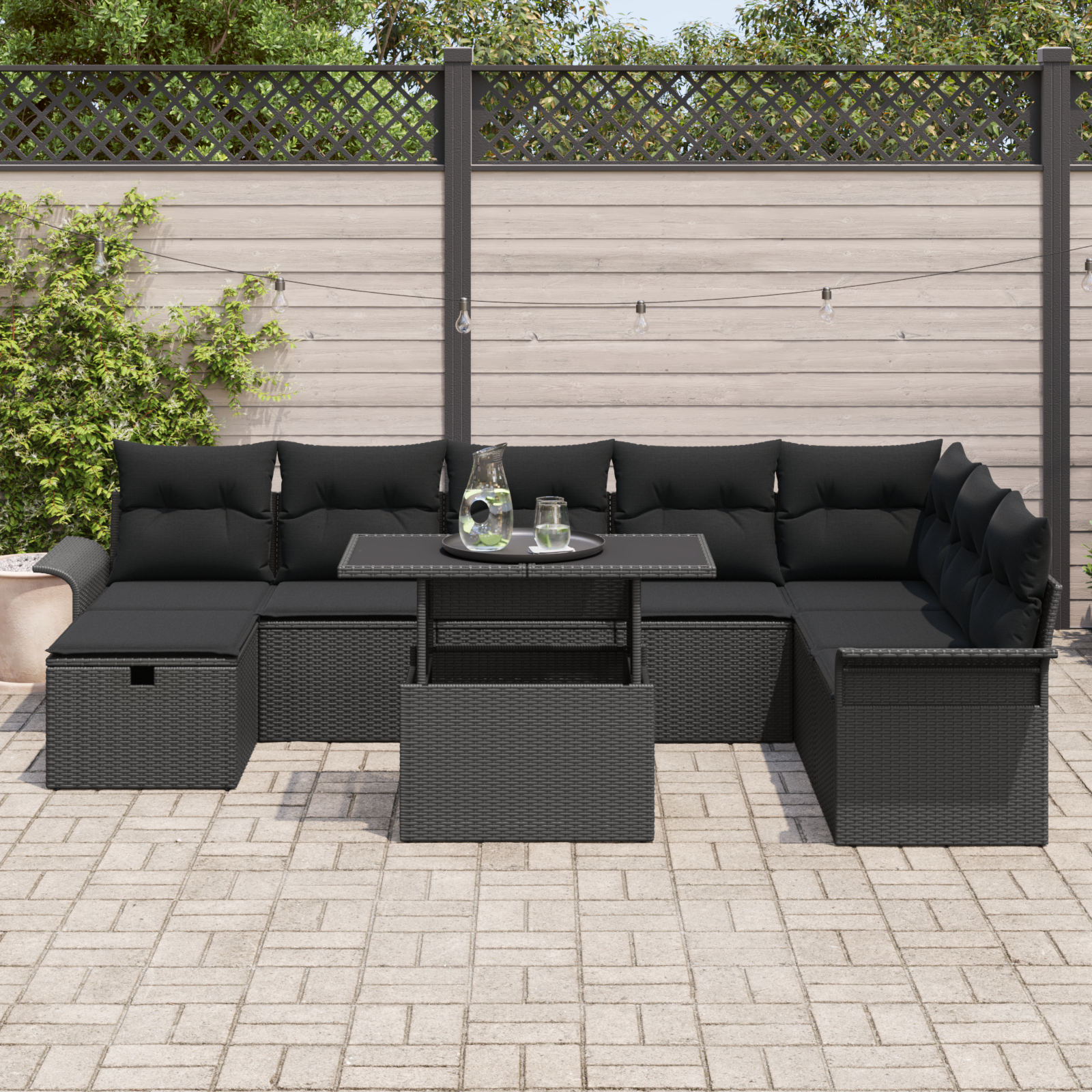 vidaXL 9-delige Tuinbankenset met kussens poly rattan zwart