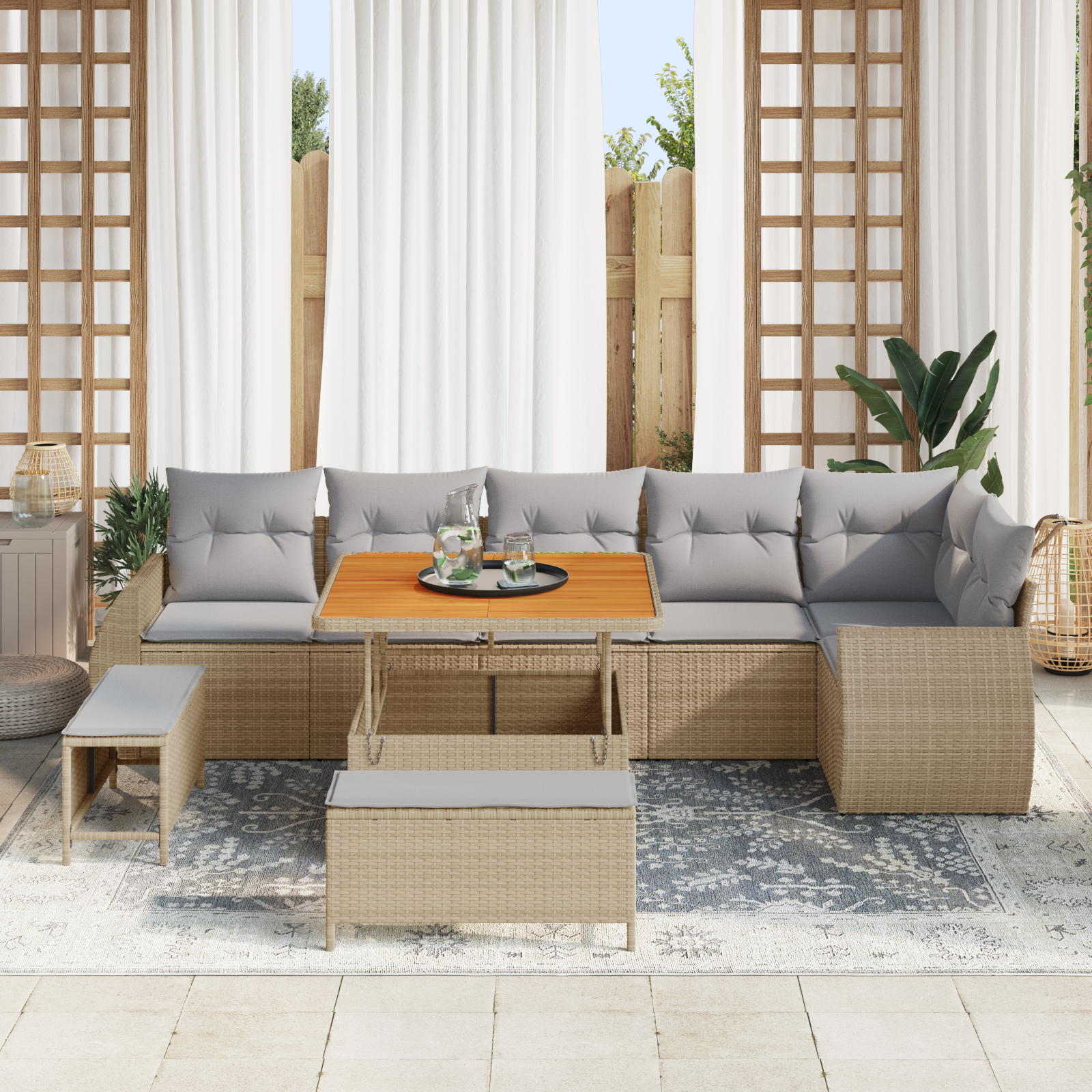 vidaXL 9-delige Tuinbankenset met kussens poly rattan acacia beige