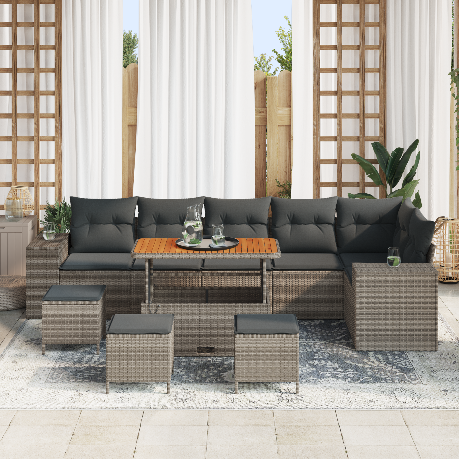 vidaXL 10-delige Tuinbankenset met kussens poly rattan acacia grijs