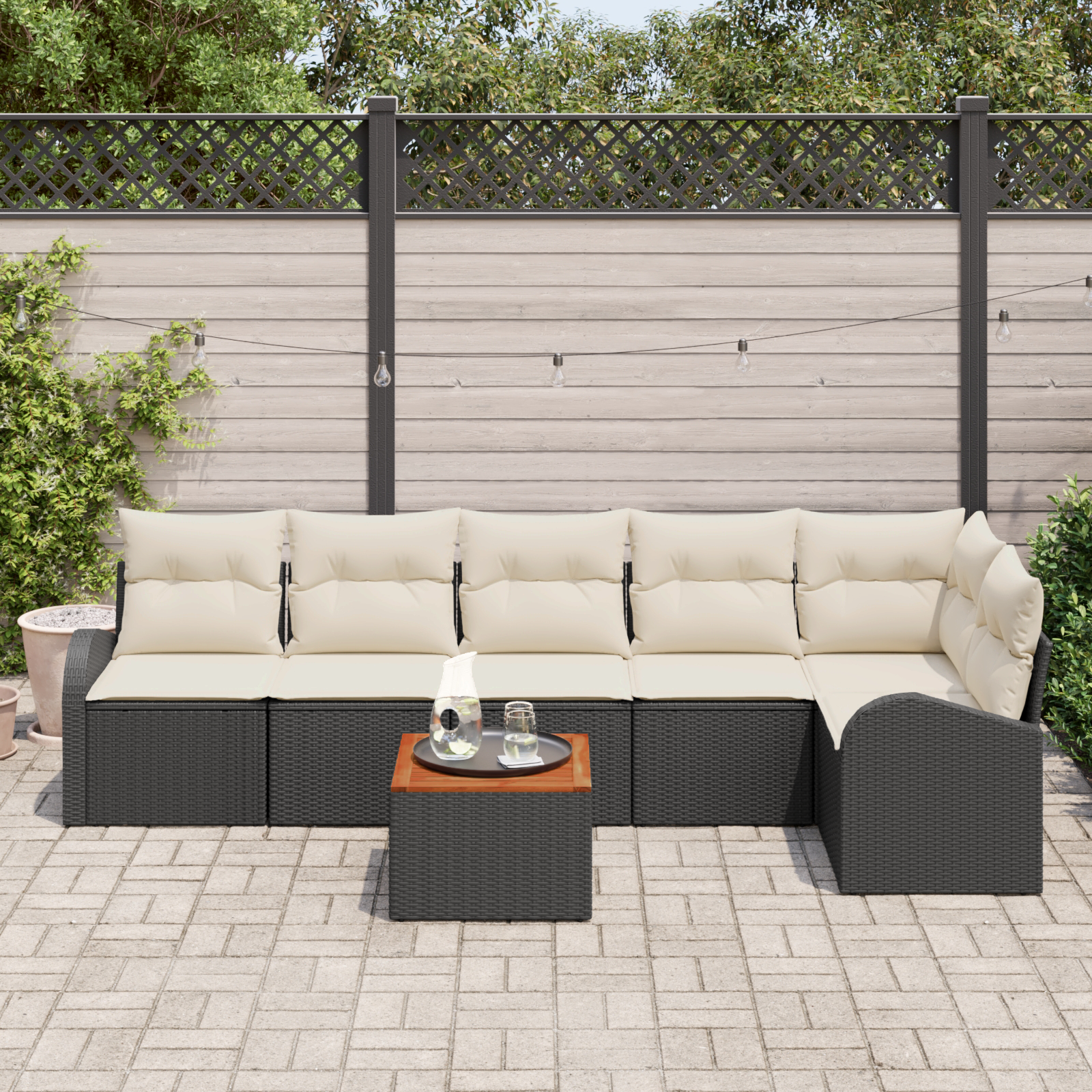 vidaXL 7-delige tuinset met kussens zwart poly rattan acacia