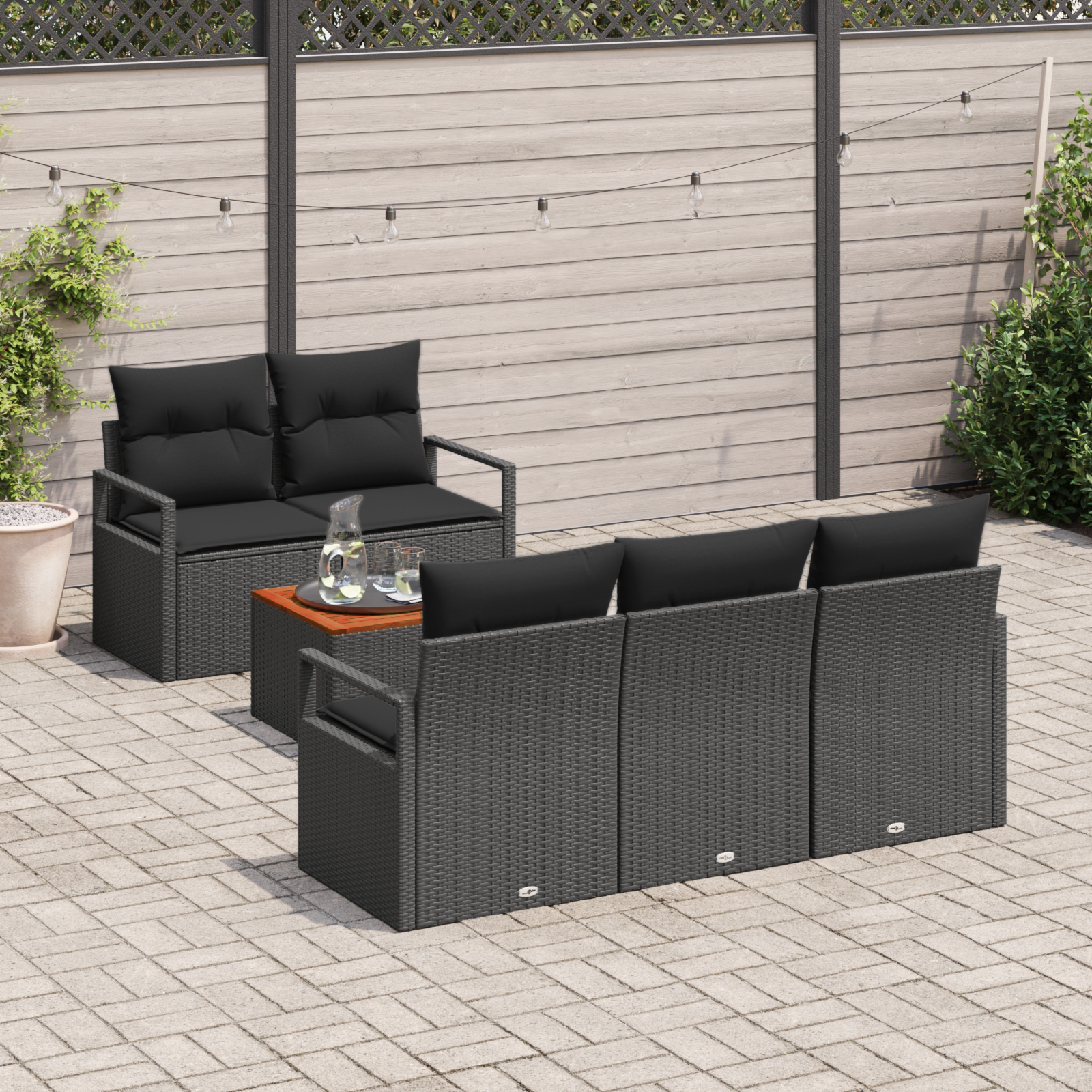 vidaXL 6-delige tuinbankset met kussens zwart poly rattan acacia