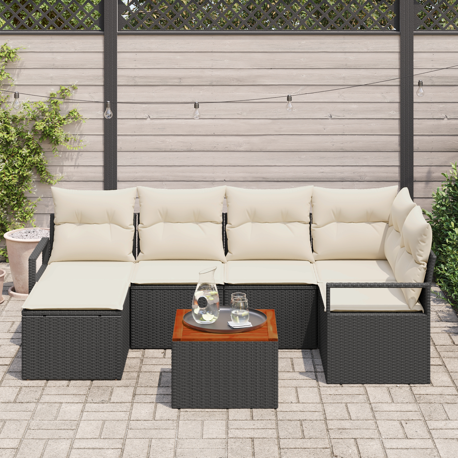 vidaXL 7-delige Tuinset met Kussens Zwart Poly Rattan Acacia