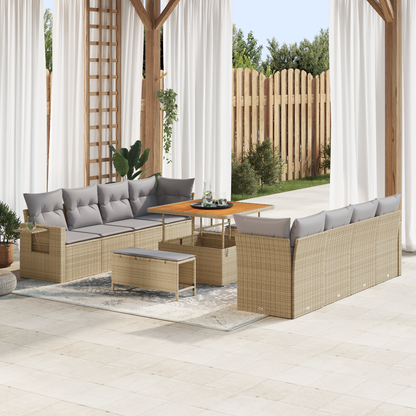 vidaXL 11-delige tuinsofa set met kussens in beige van poly rattan en acacia