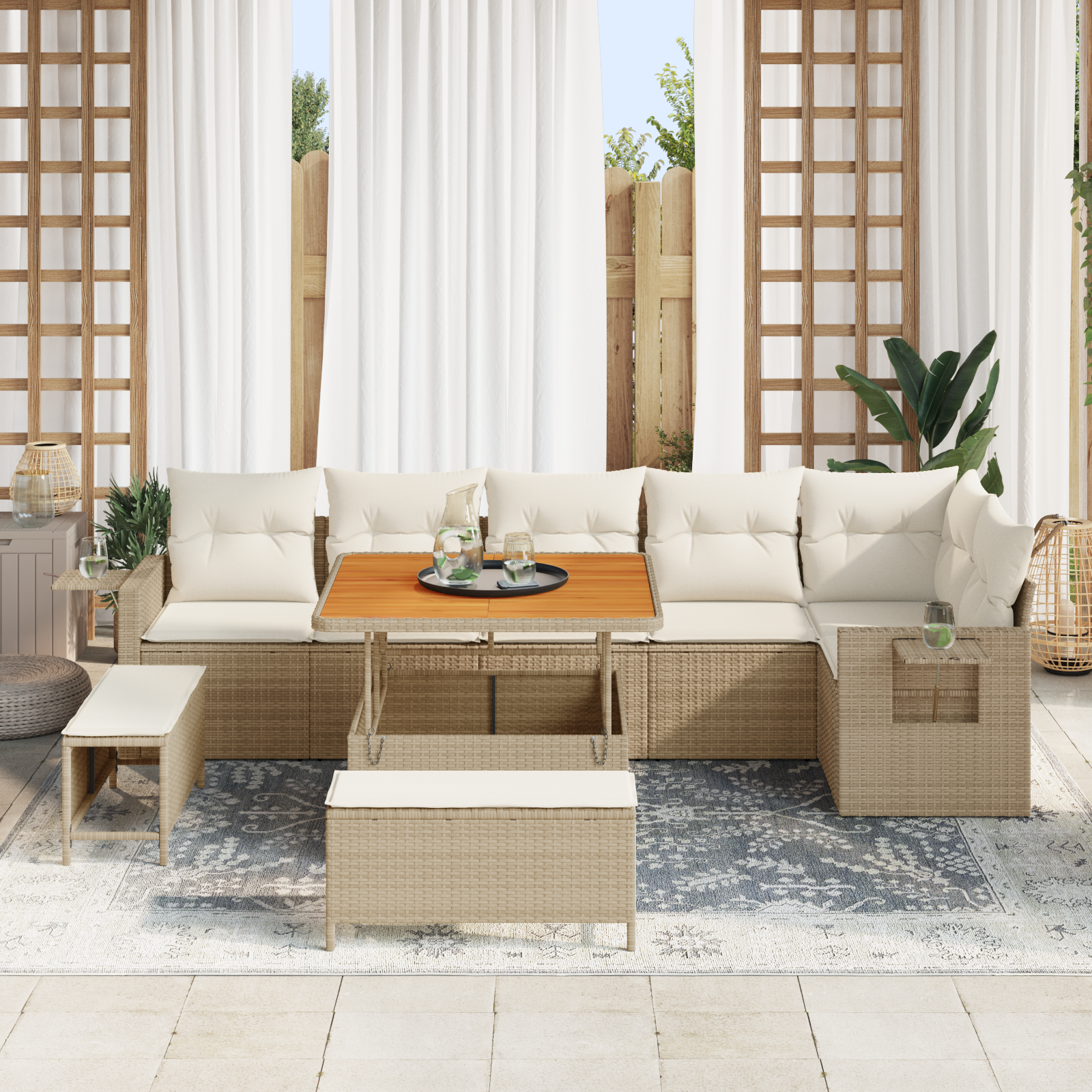 vidaXL 9-delige Tuinbankenset met kussens poly rattan acacia beige