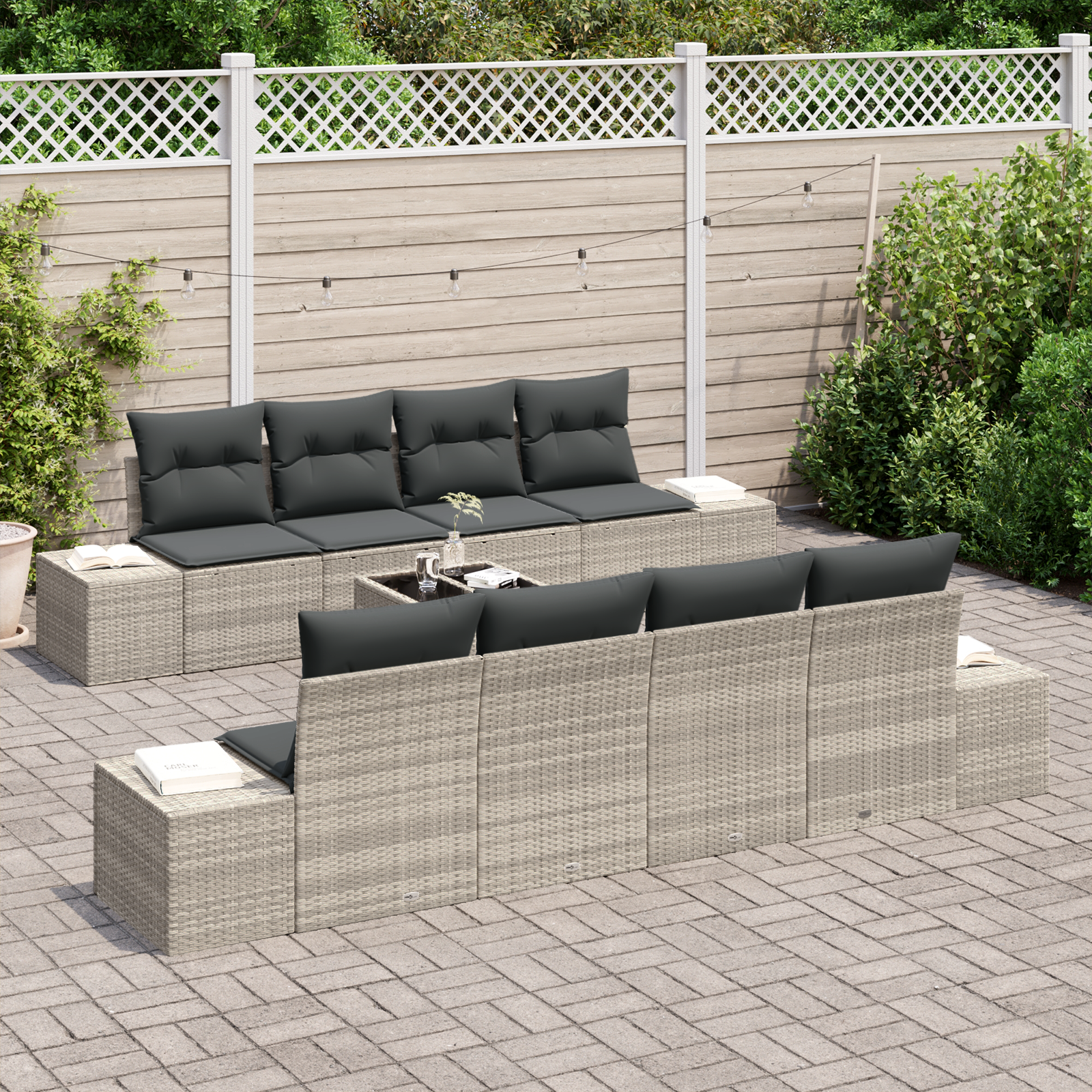 vidaXL 9-delige Tuinbankenset met kussens poly rattan lichtgrijs