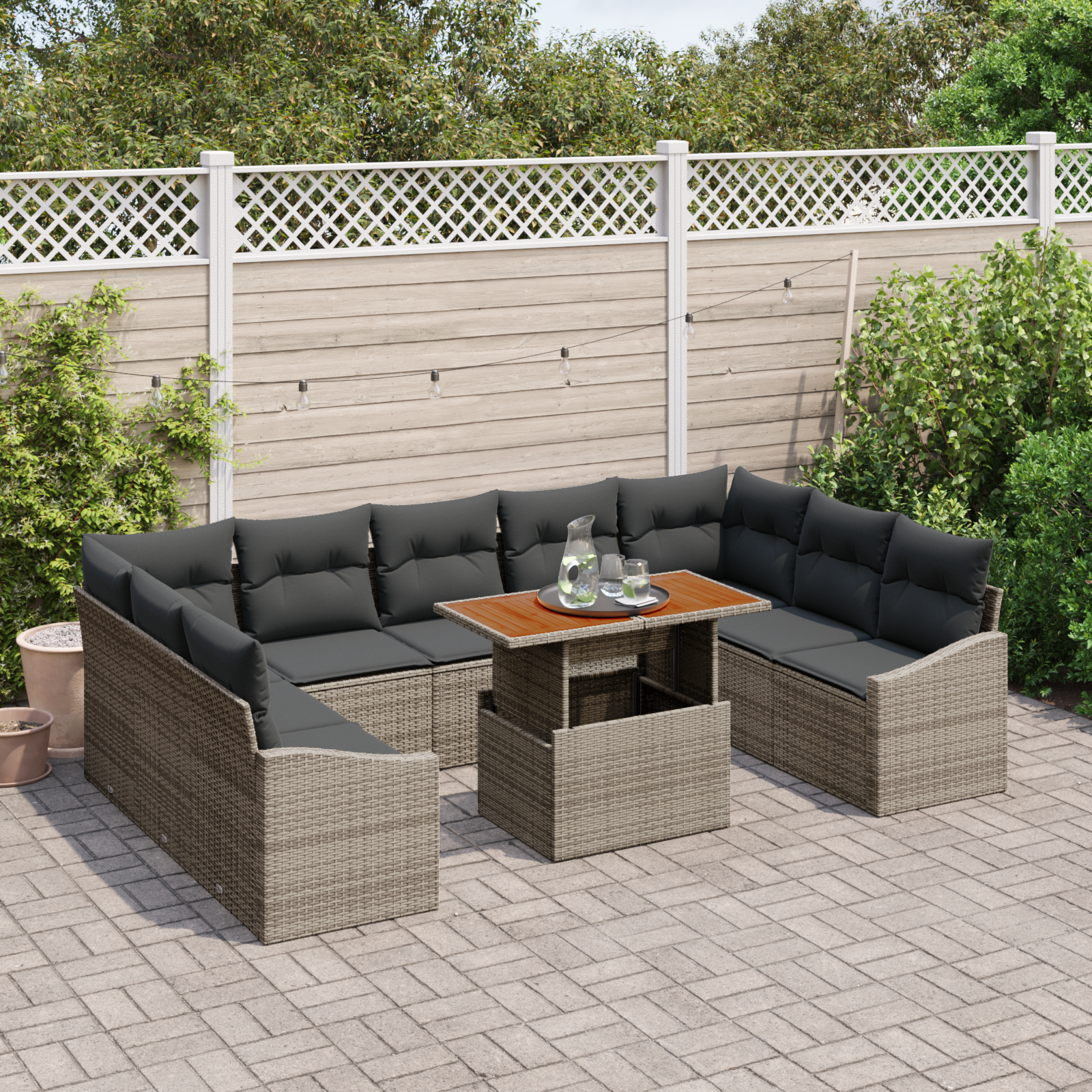 vidaXL 10-delige Tuinbankenset met kussens poly rattan grijs