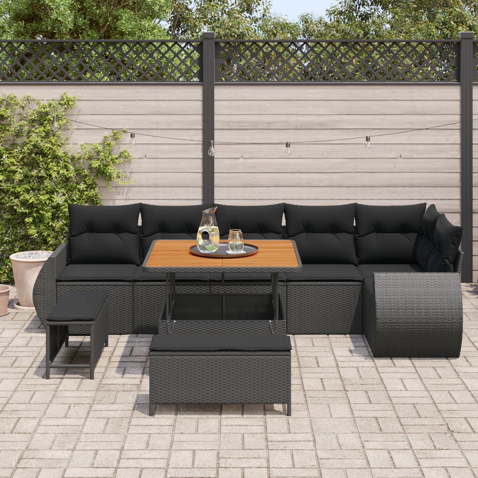 vidaXL 9-delige Tuinbankenset met kussens, poly rattan acacia zwart