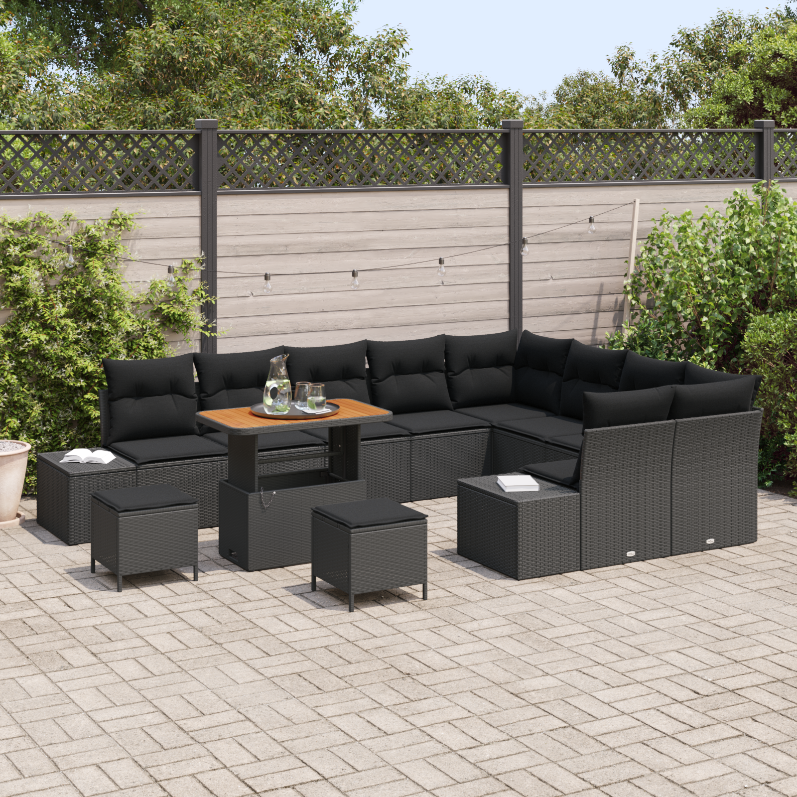 vidaXL 12-delige Tuinbankenset met kussens poly rattan acacia zwart