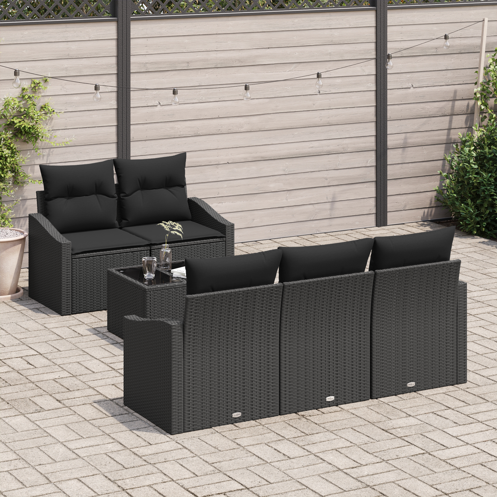 vidaXL 6-delige tuinbankset met kussens zwart poly rattan