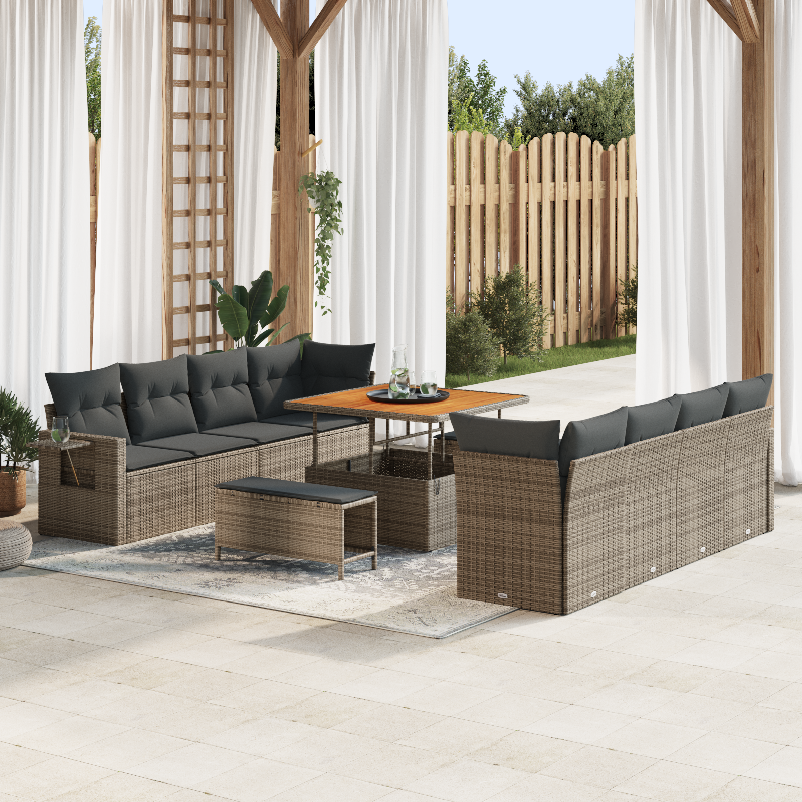 vidaXL 11-delige tuinbankset met kussens - grijs, poly rattan, acacia