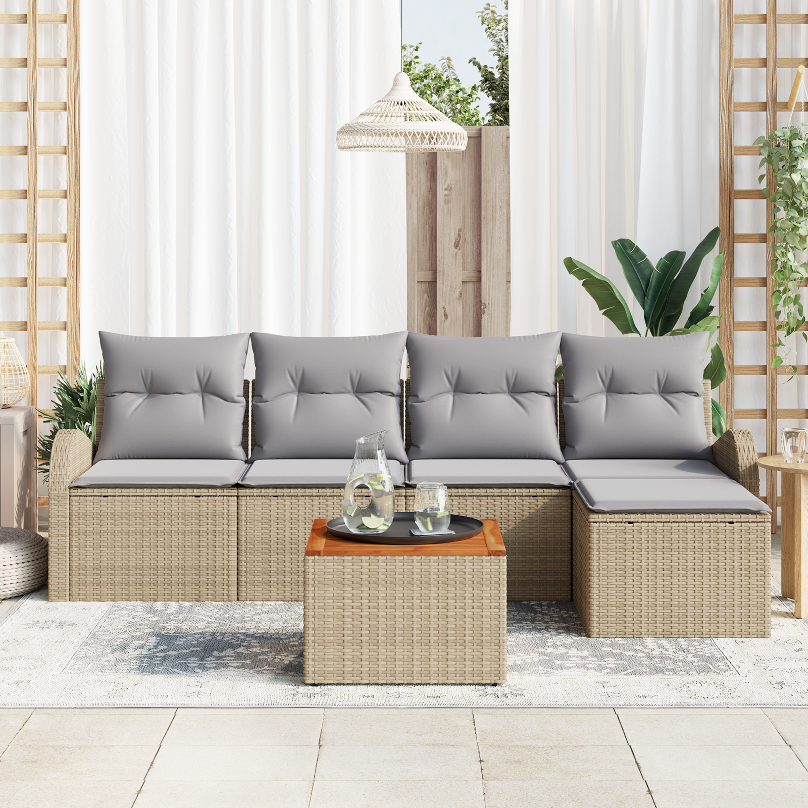 vidaXL 6-delige tuinbankset met kussens - Beige Poly Rattan en Acacia