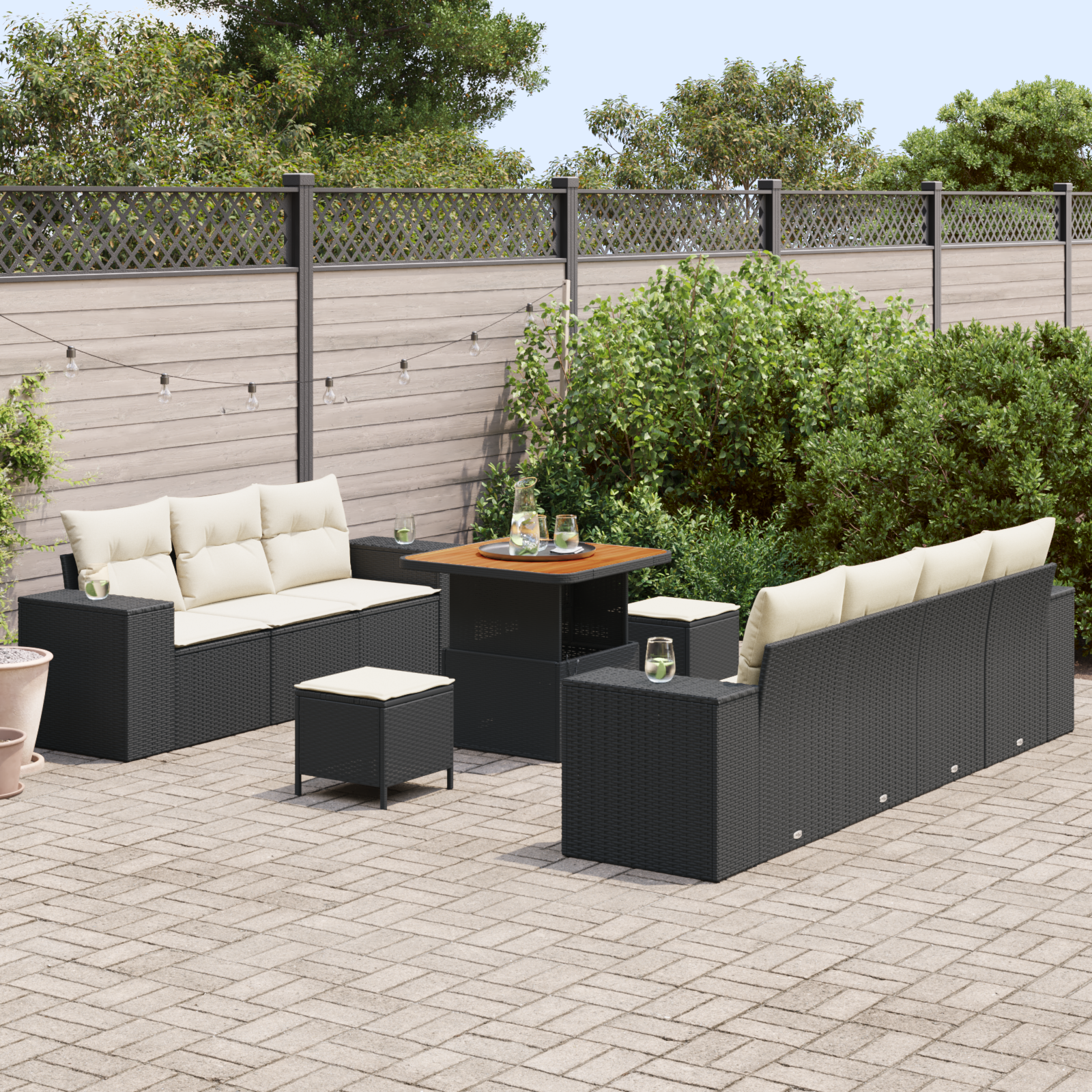 vidaXL 10-delige Tuinbankenset met kussens poly rattan acacia zwart