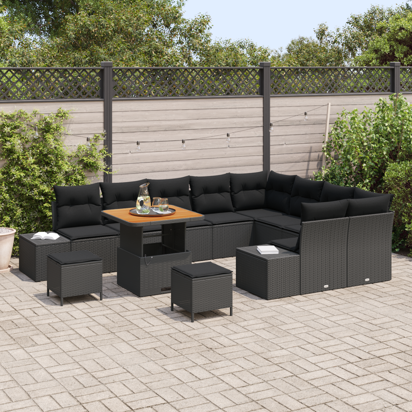vidaXL 12-delige Tuinbankenset met kussens poly rattan acacia zwart