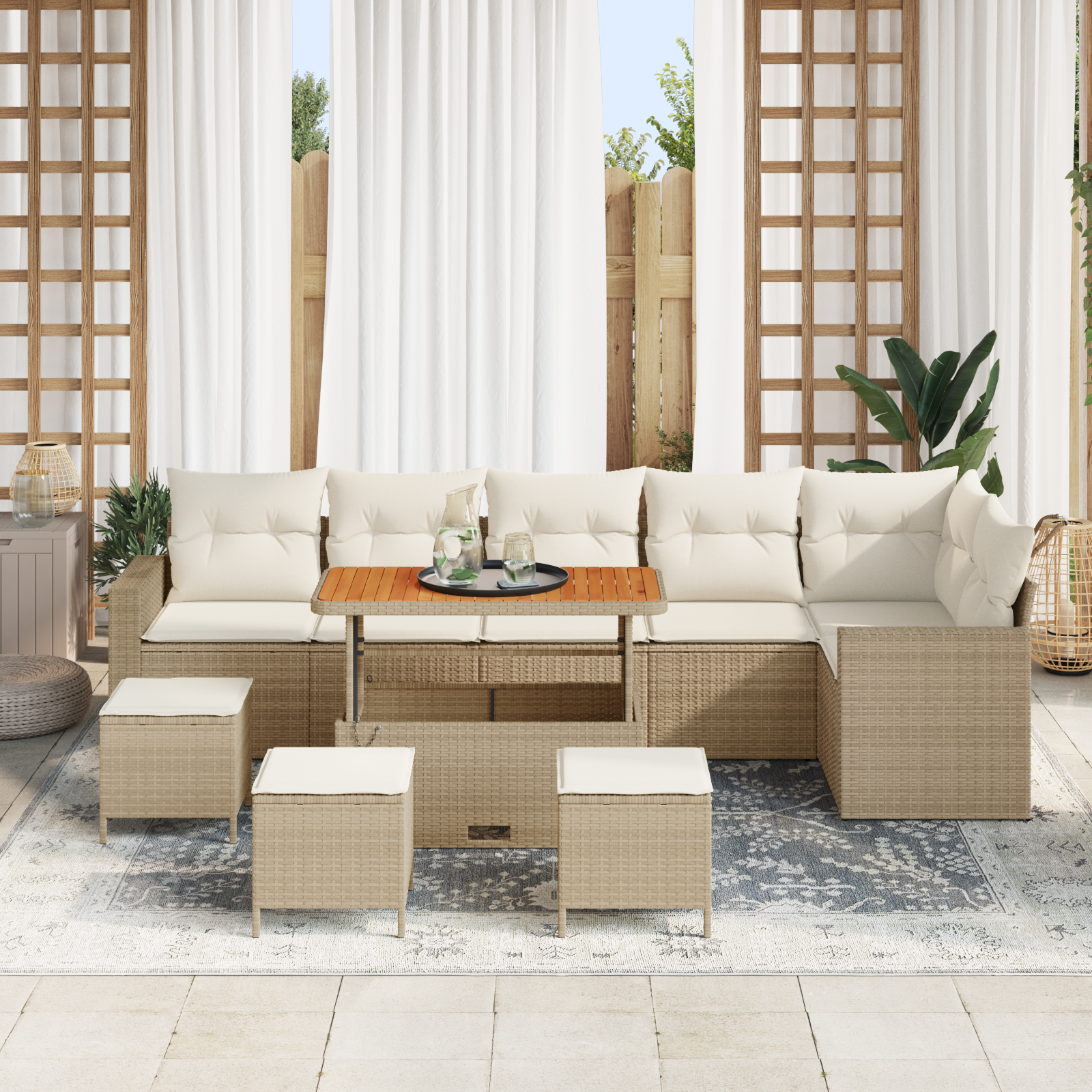 vidaXL 10-delige Tuinbankenset met kussens poly rattan acacia beige