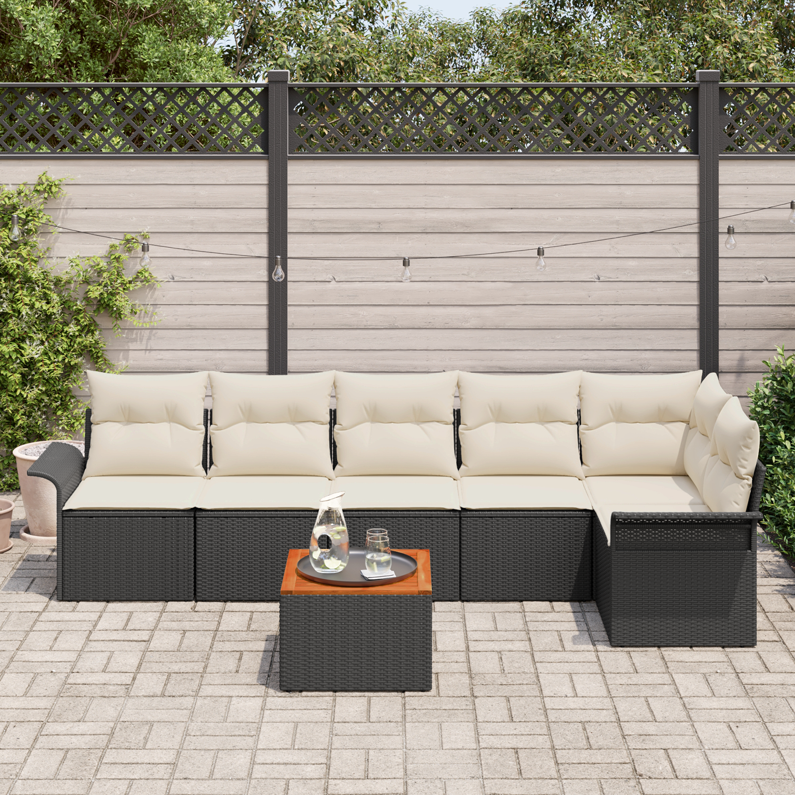 vidaXL 7-delige Tuinbankenset met kussens poly rattan acaciahout zwart