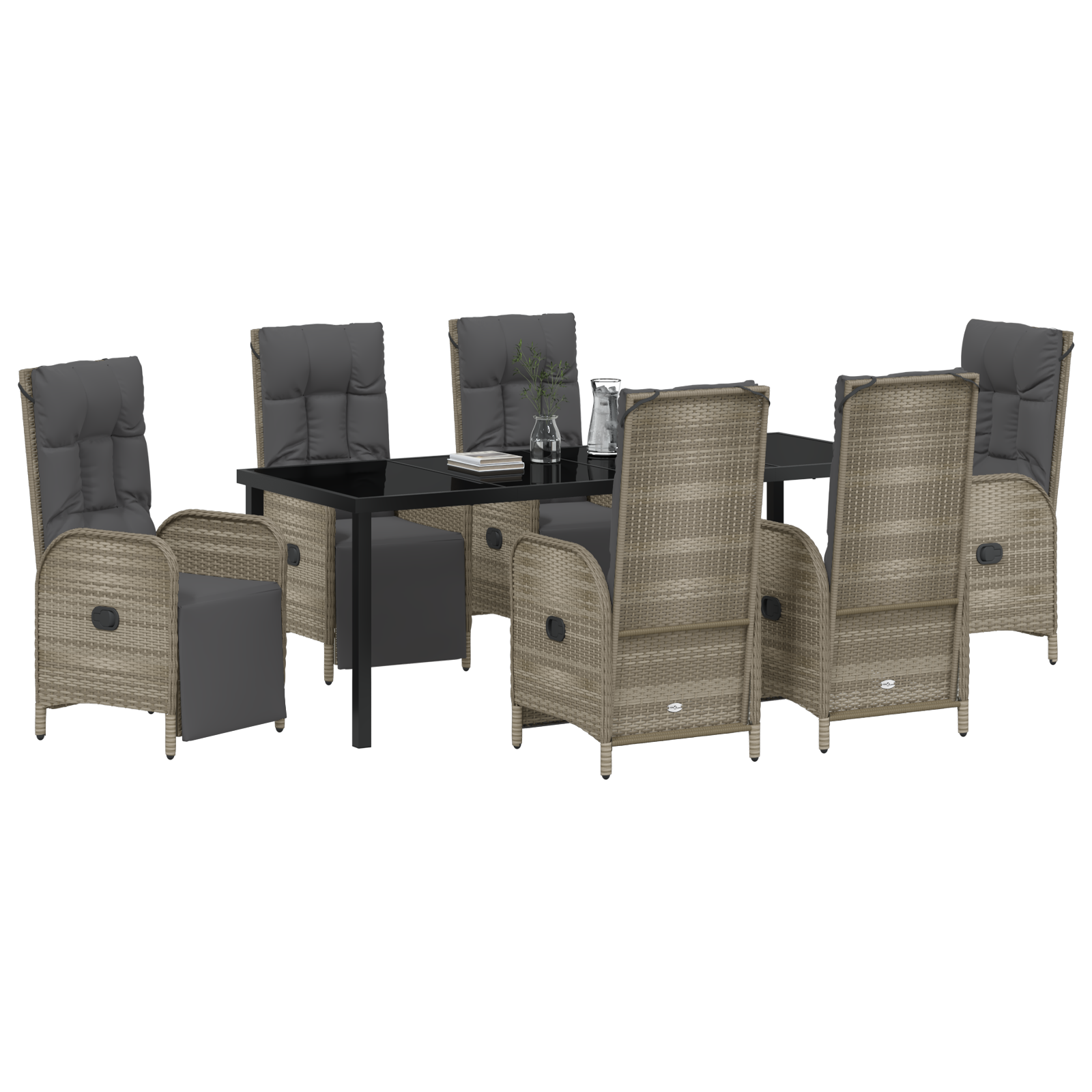 vidaXL 7-delige Tuin Eettafel Set met Kussens Grijs Poly Rattan