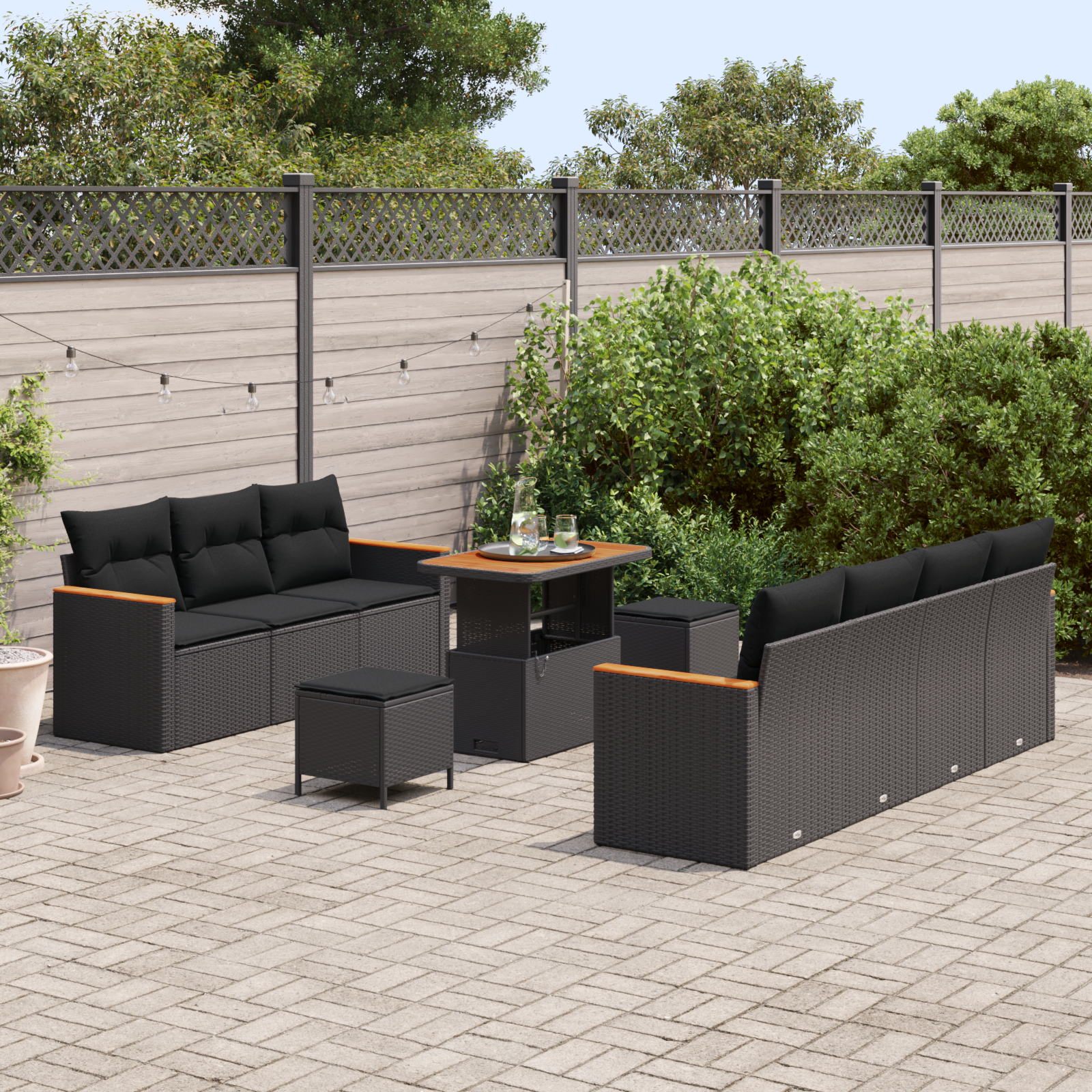 vidaXL 10-delige Tuinbankenset met kussens poly rattan acacia zwart