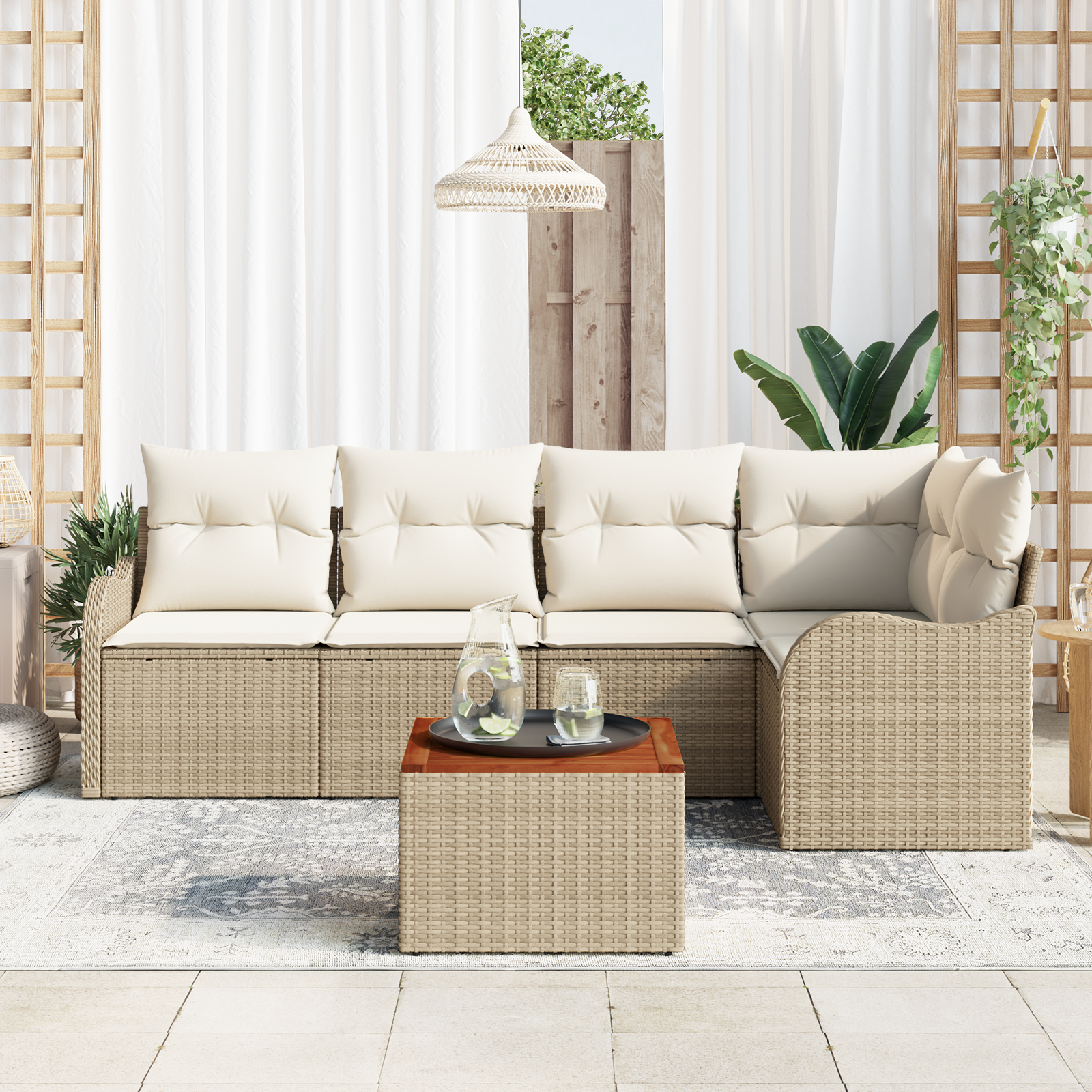 vidaXL 6-delige Tuinbankenset met kussens poly rattan acacia beige