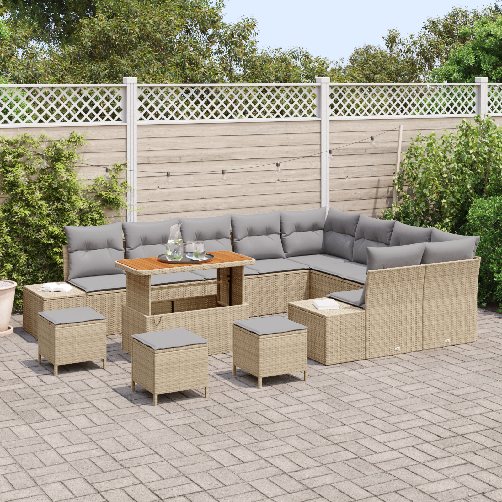 vidaXL 13-delige Tuinbankenset met kussens poly rattan acacia beige
