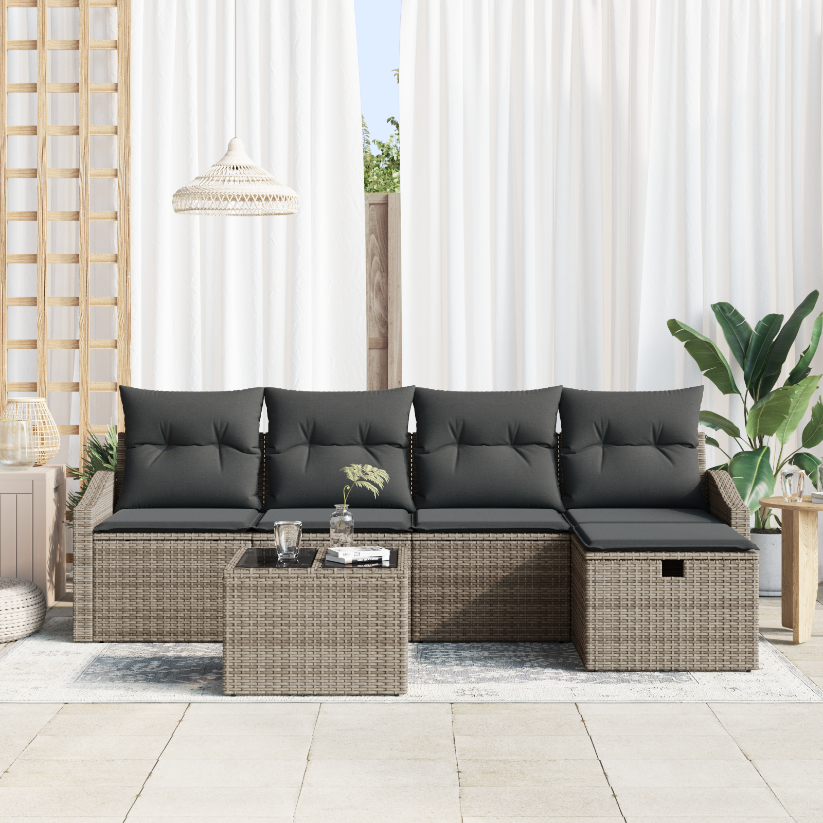 vidaXL 6-delige Tuinbankenset met kussens poly rattan grijs