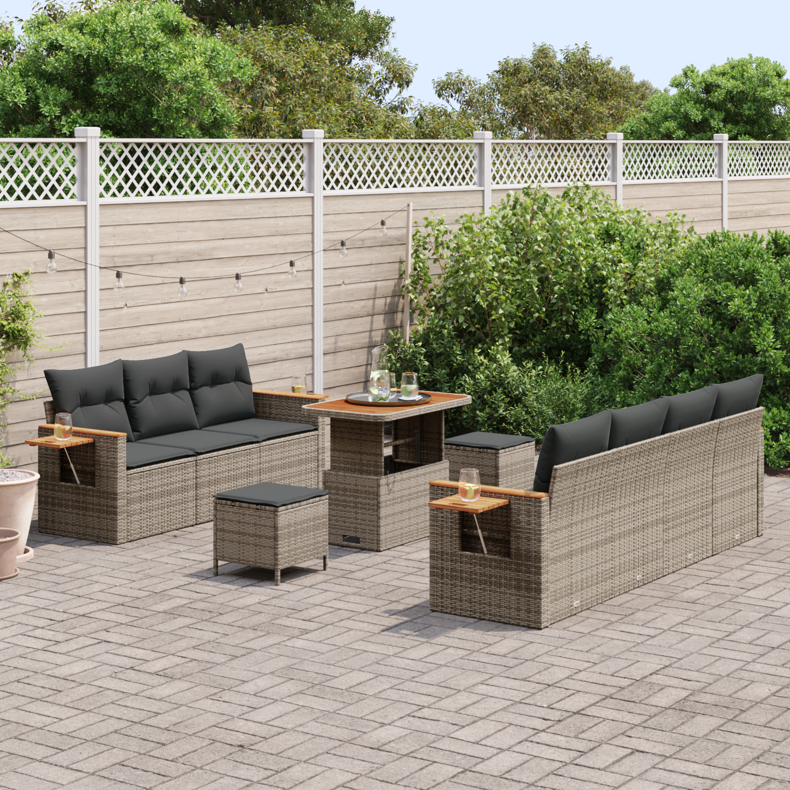 vidaXL 10-delige Tuinbankenset met kussens poly rattan acacia grijs