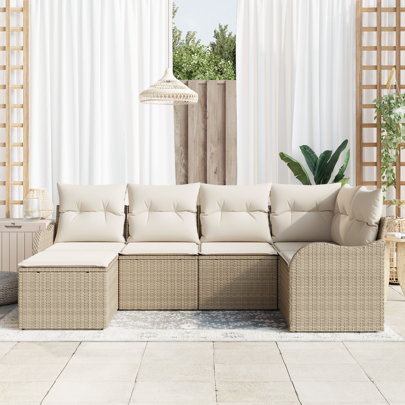 vidaXL 6-delige tuinset met kussens in beige poly rattan
