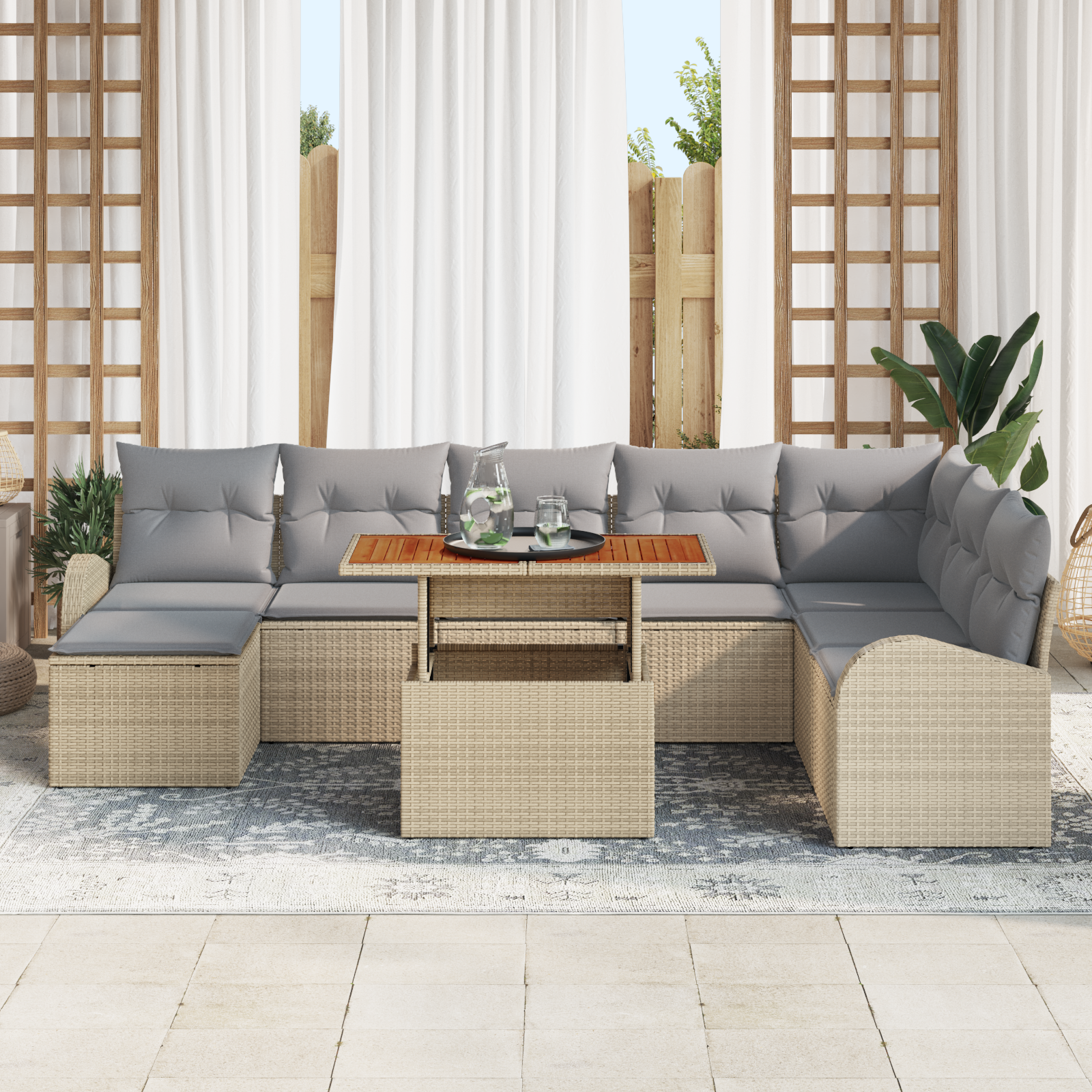vidaXL 9-delige Tuinbankenset met kussens poly rattan beige