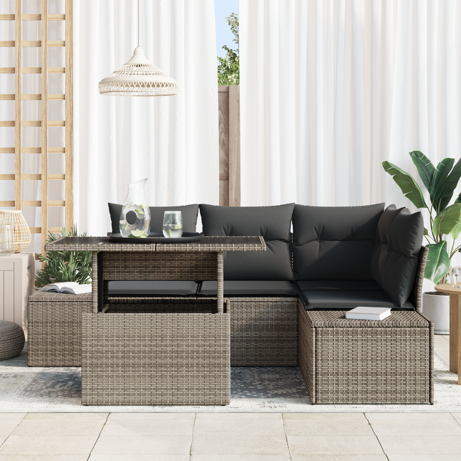 vidaXL 5-delige Tuinbankenset met kussens poly rattan grijs