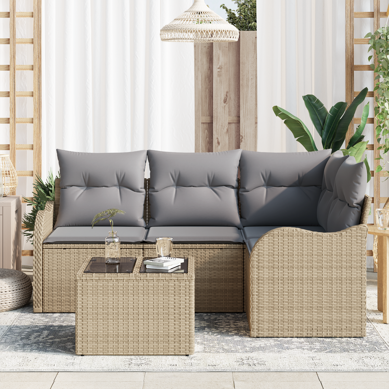 vidaXL 5-delige Tuinbankenset met kussens poly rattan zwart