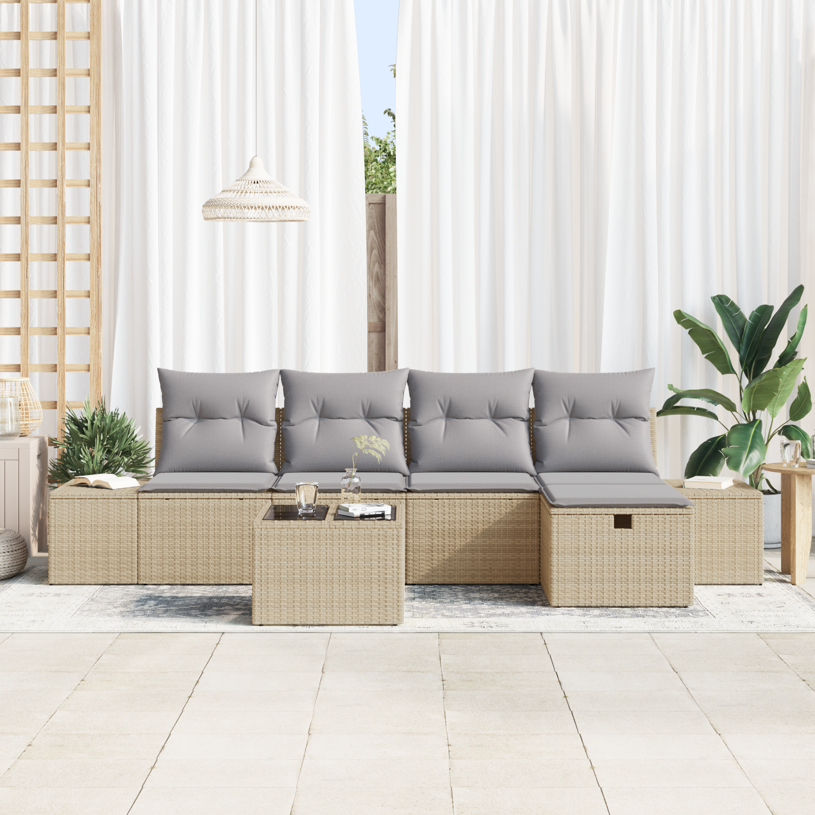 vidaXL 6-delige tuinsofa set met kussens in het beige poly riet