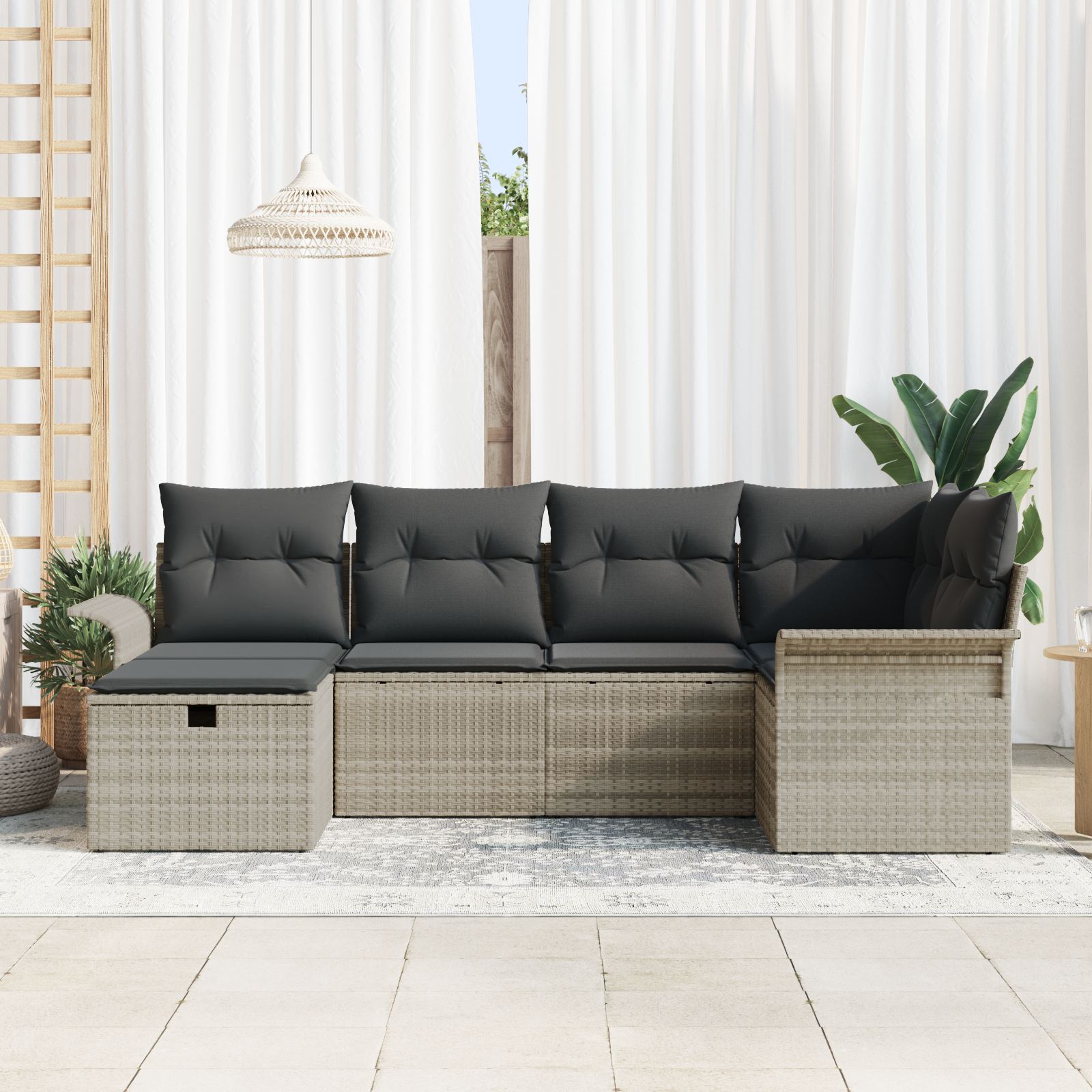 vidaXL 6-delige Tuinbankenset met kussens poly rattan lichtgrijs