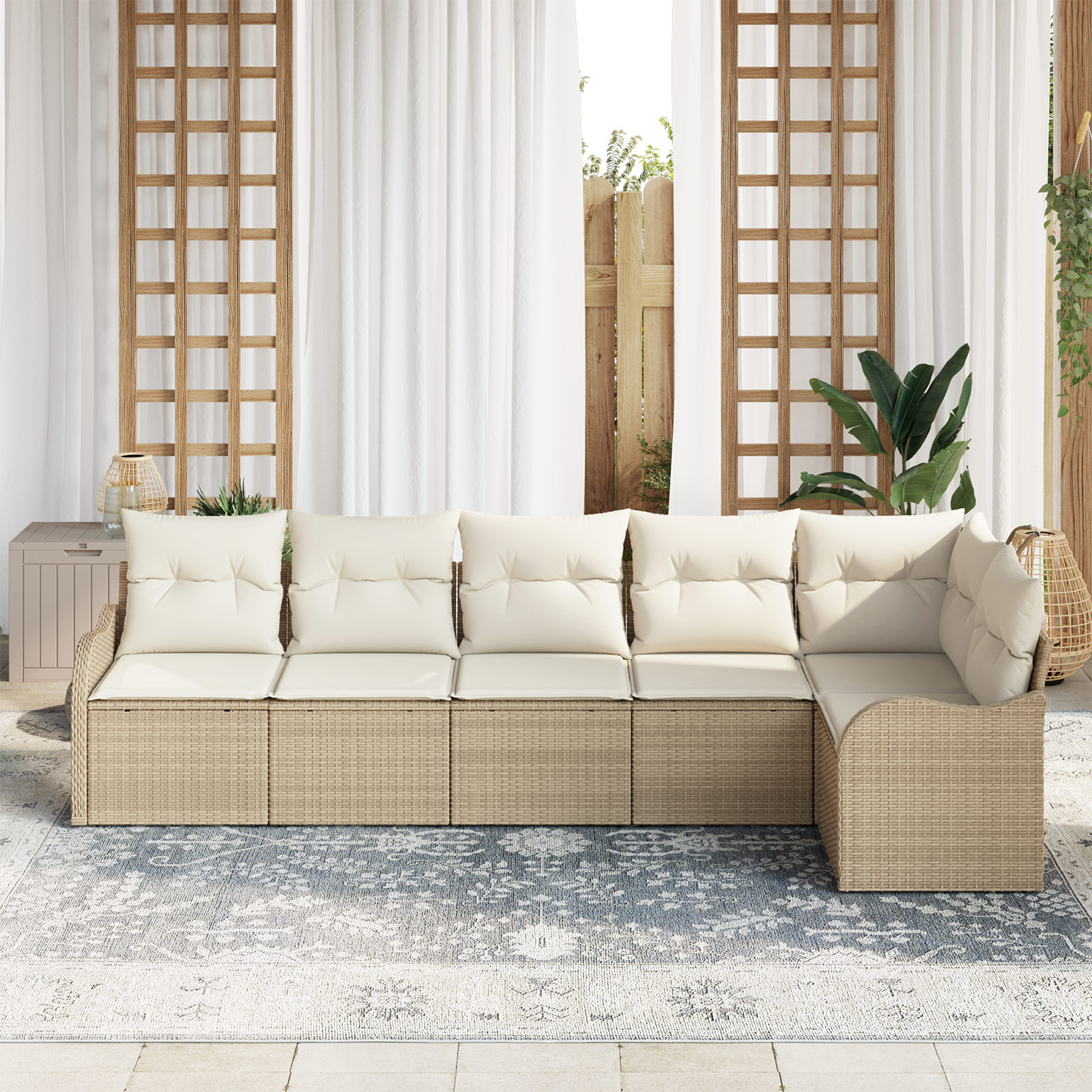 vidaXL 6-delige Tuinbankenset met kussens poly rattan beige