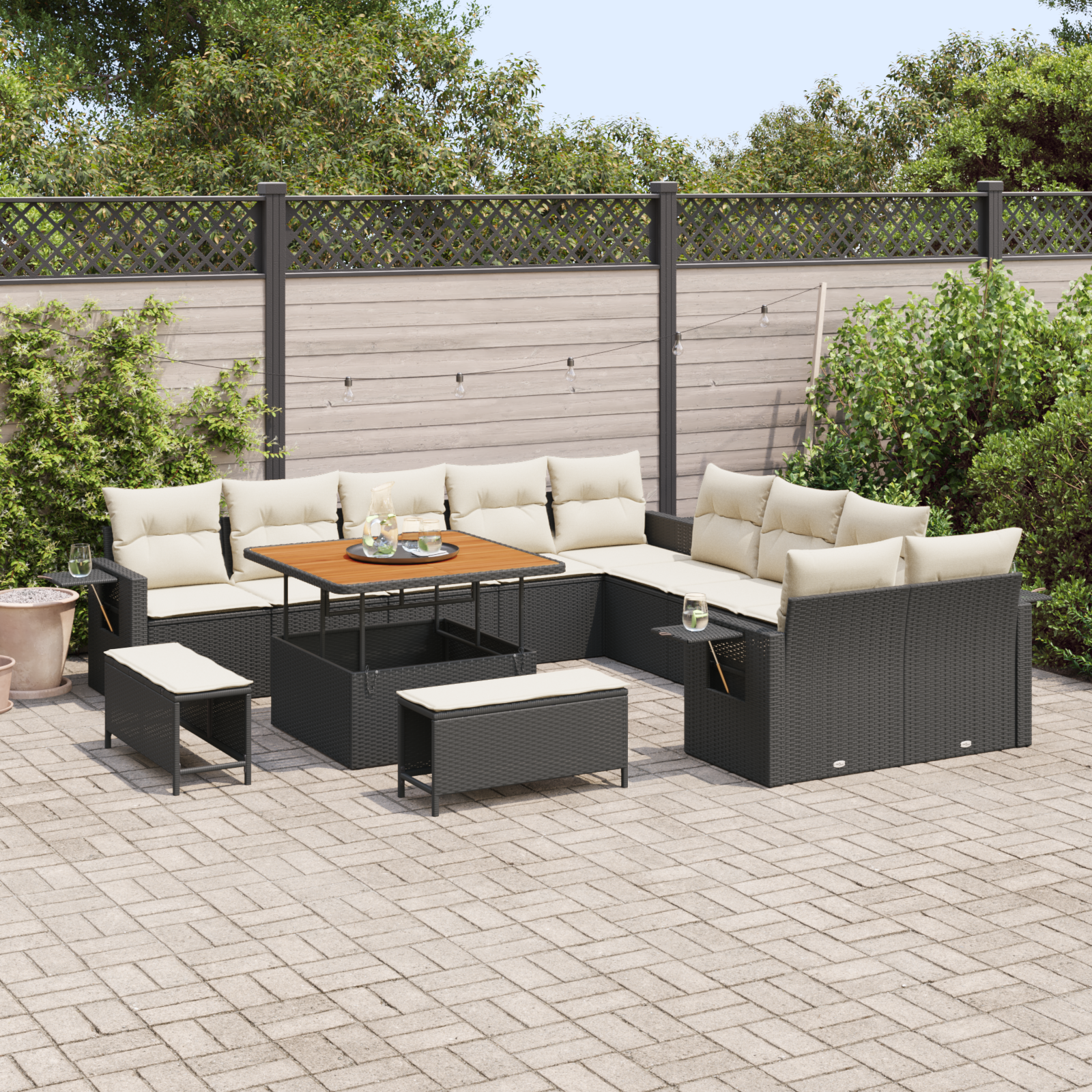 vidaXL 13-delige tuinset met kussens in zwart poly rattan en acacia
