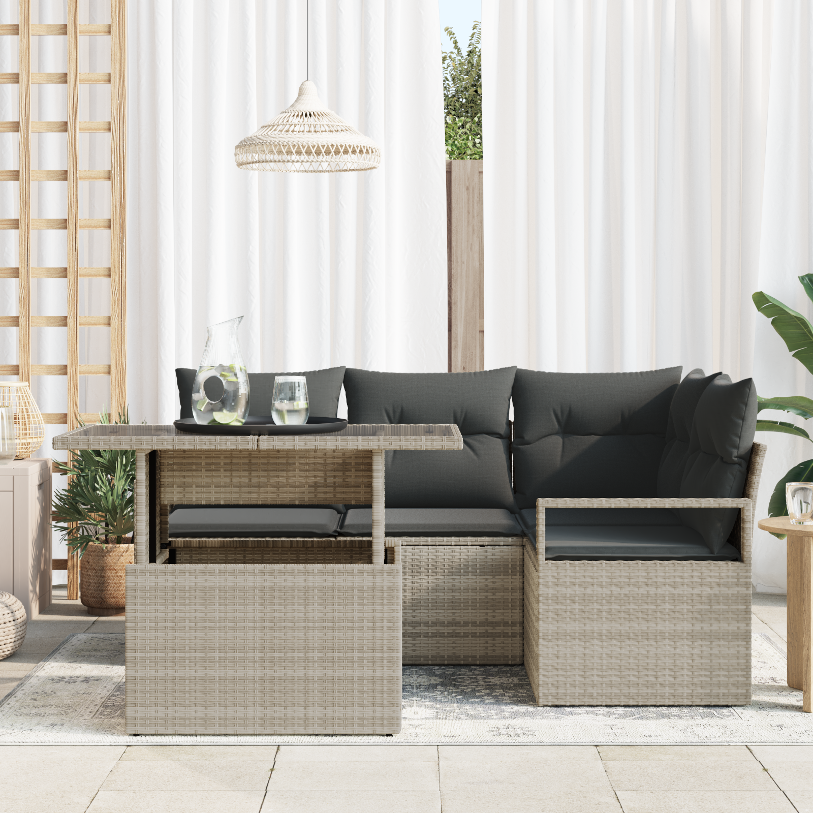 vidaXL 5-delige tuinbankset met kussens lichtgrijs van poly rattan